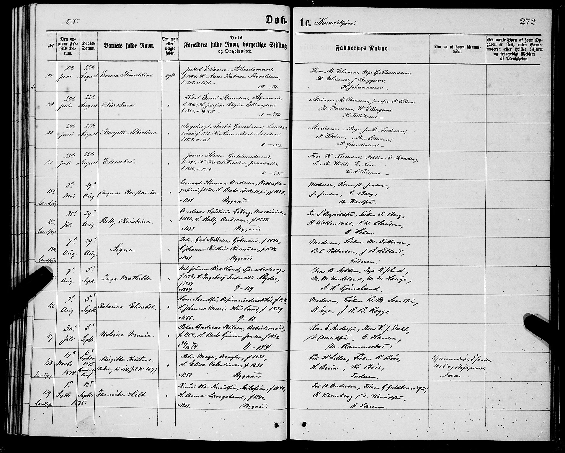 Domkirken sokneprestembete, AV/SAB-A-74801/H/Hab/L0013: Klokkerbok nr. B 6, 1869-1876, s. 272