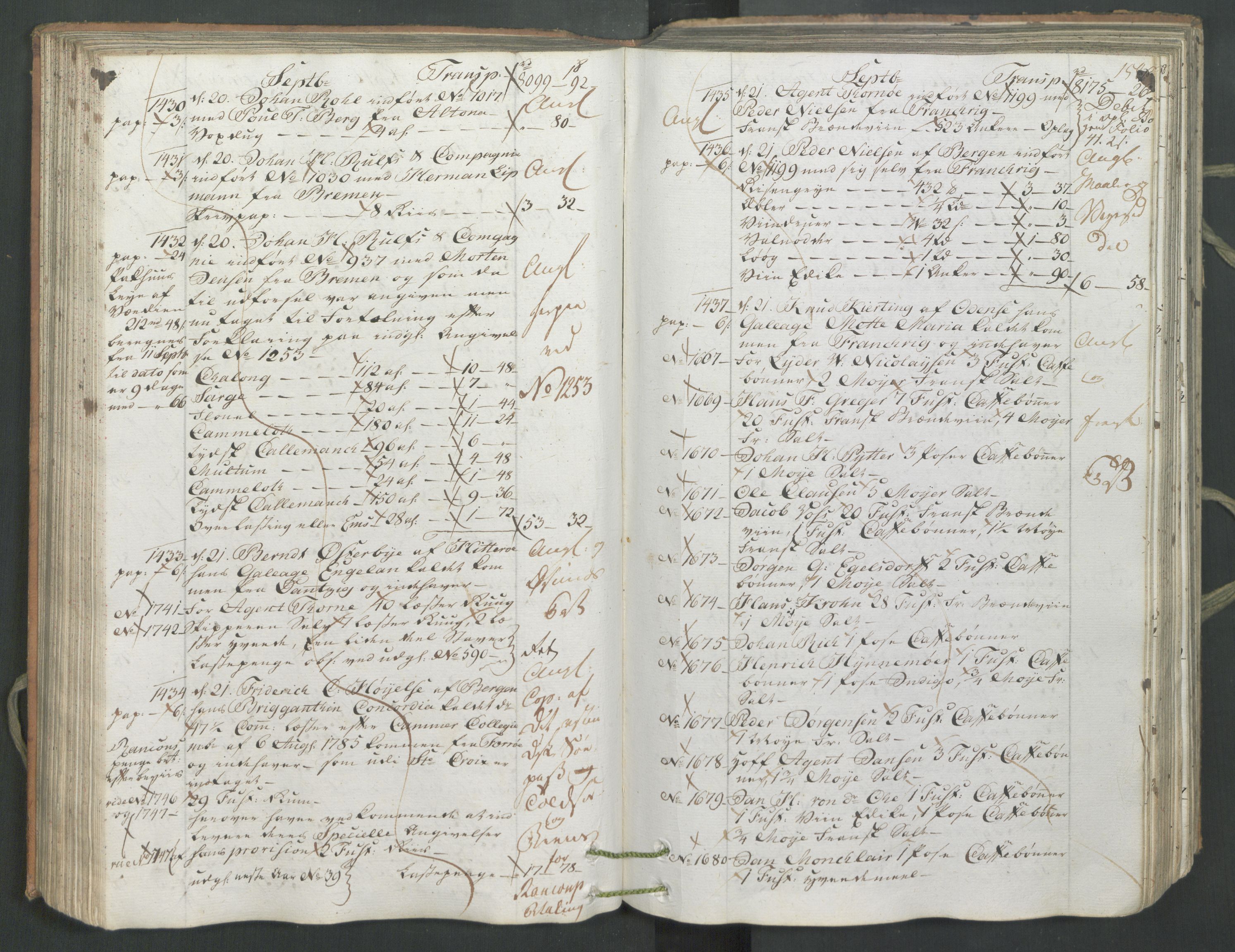 Generaltollkammeret, tollregnskaper, AV/RA-EA-5490/R26/L0222/0001: Tollregnskaper Bergen A / Inngående hovedtollbok, 1786, s. 157b-158a