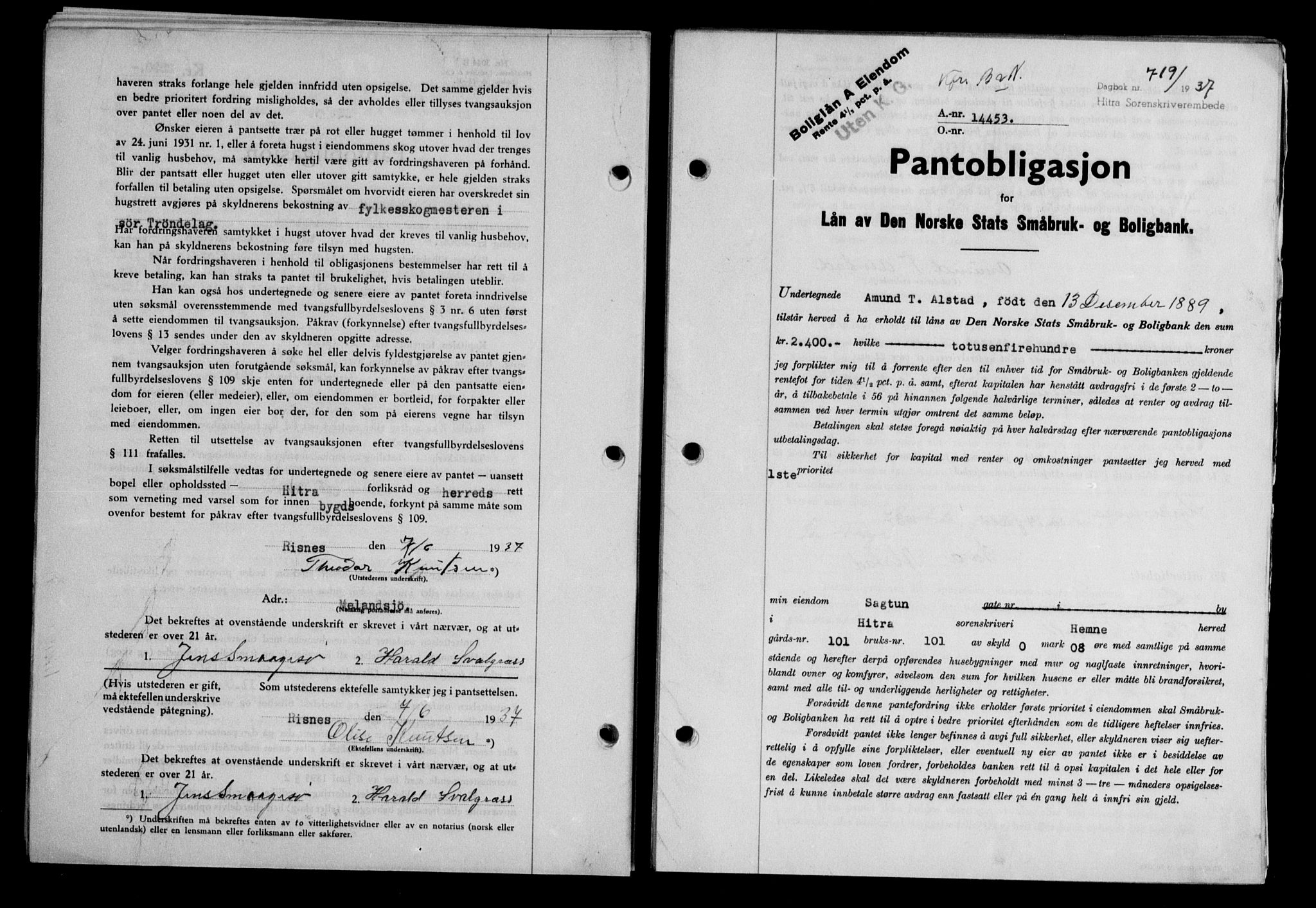 Hitra sorenskriveri, AV/SAT-A-0018/2/2C/2Ca/L0028: Pantebok nr. B-1, 1936-1939, Dagboknr: 719/1937