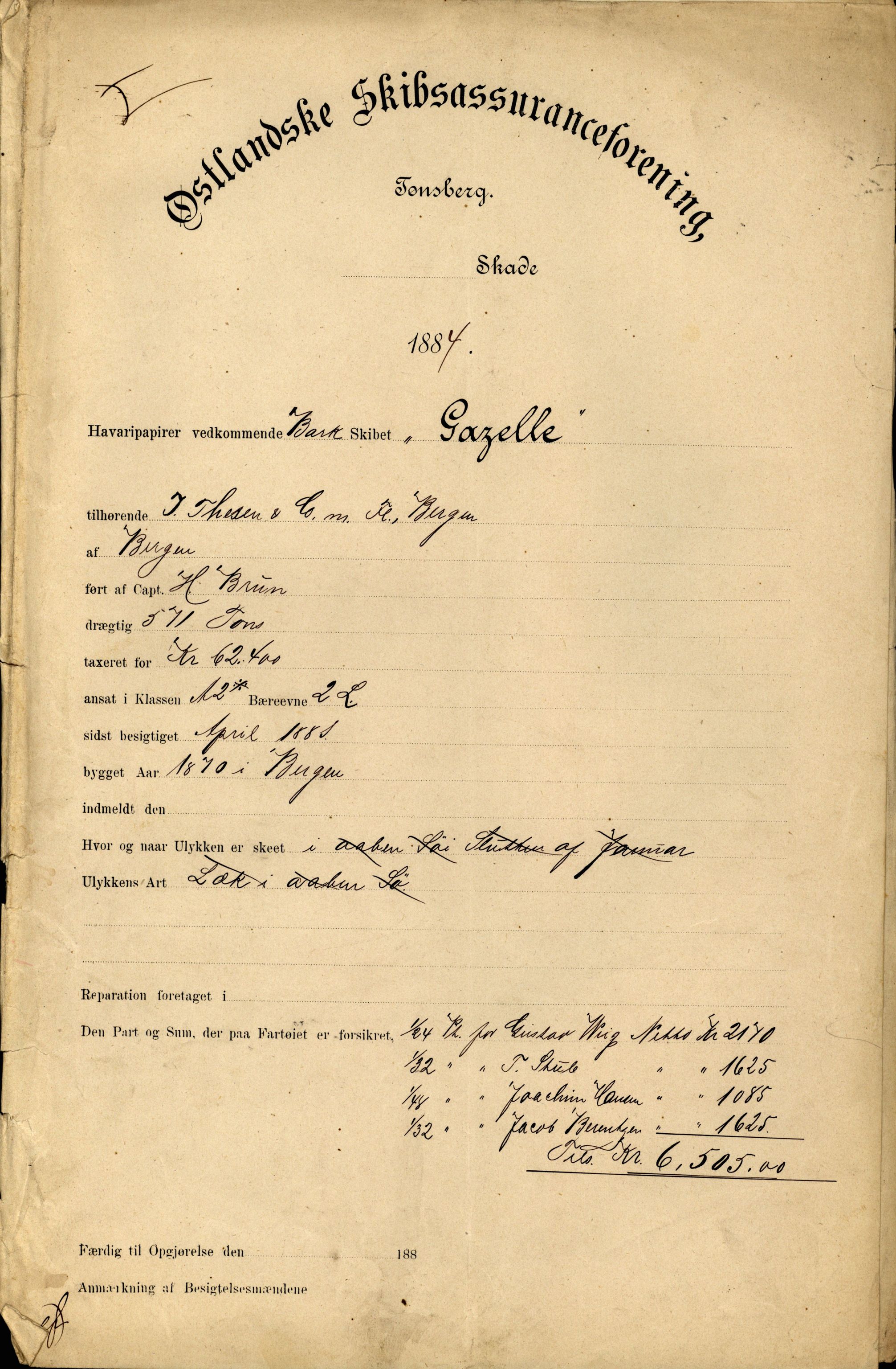 Pa 63 - Østlandske skibsassuranceforening, VEMU/A-1079/G/Ga/L0017/0010: Havaridokumenter / Frithjof, Grid, Gratitude, Gaselle, Garibaldi, 1884, s. 19