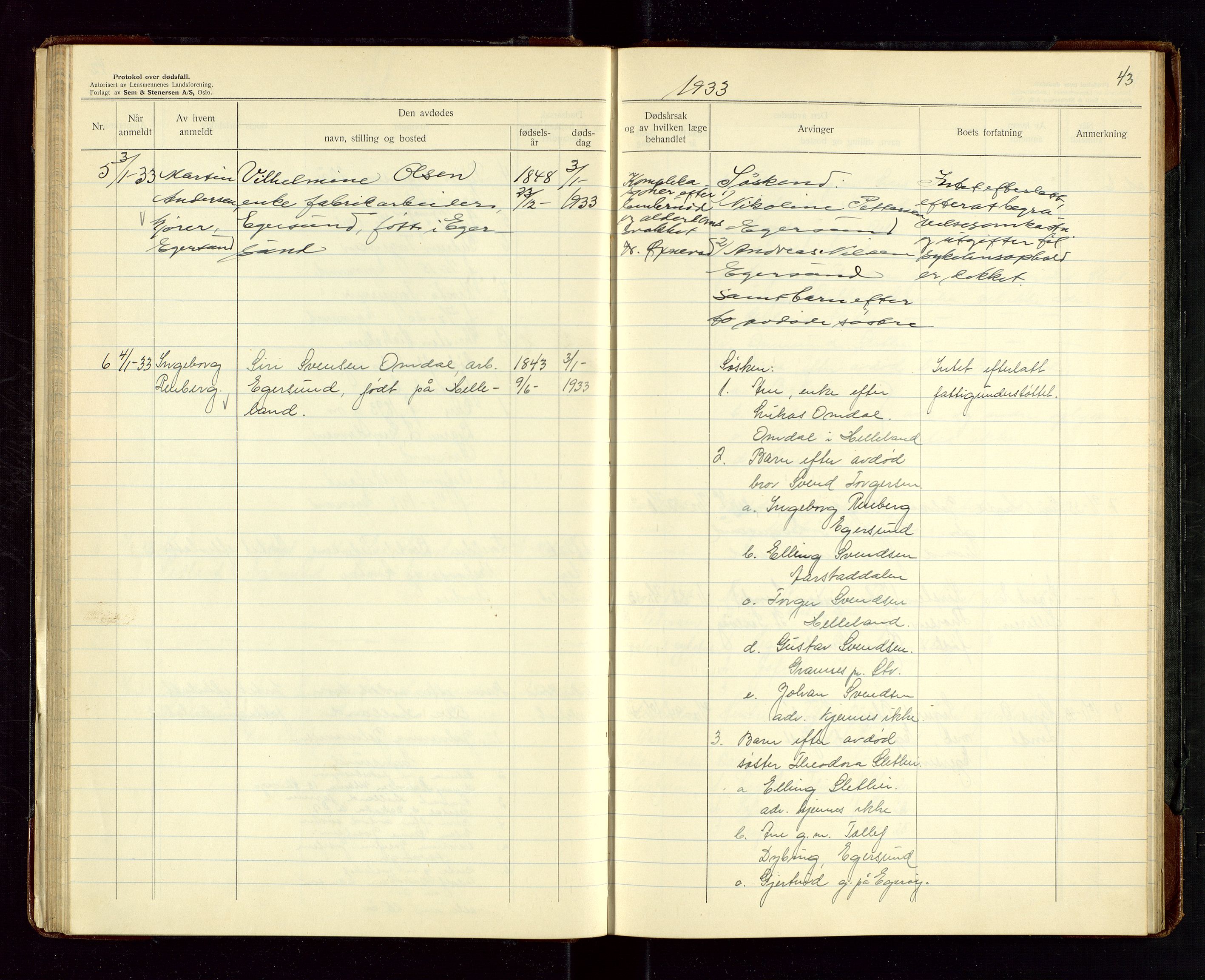 Eigersund lensmannskontor, AV/SAST-A-100171/Gga/L0012: "Protokoll over anmeldte dødsfall" m/alfabetisk navneregister, 1931-1934, s. 43