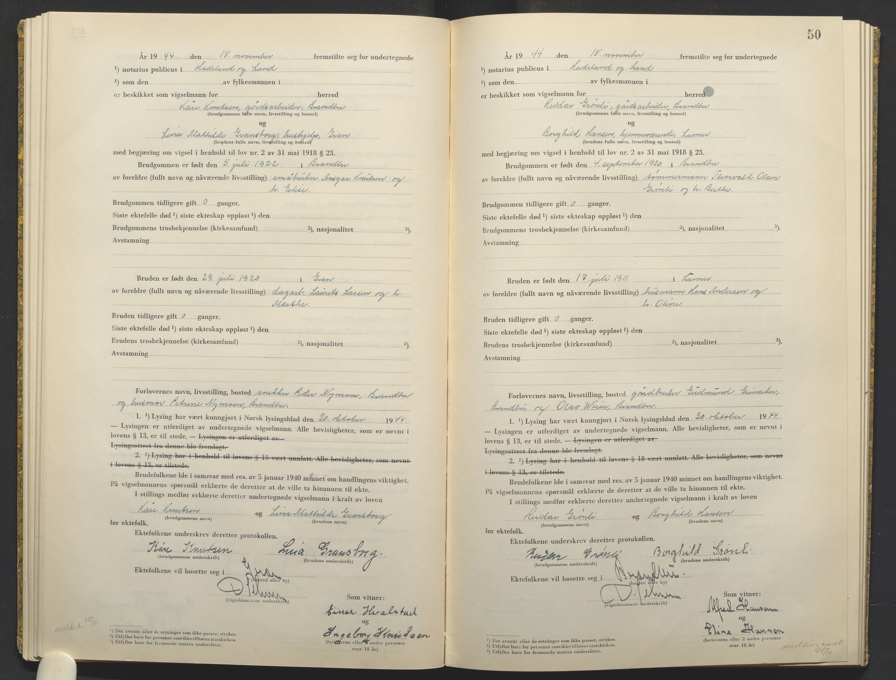 Hadeland og Land tingrett, AV/SAH-TING-010/L/Lb/L0003: Vigselbok, 1944-1946, s. 50