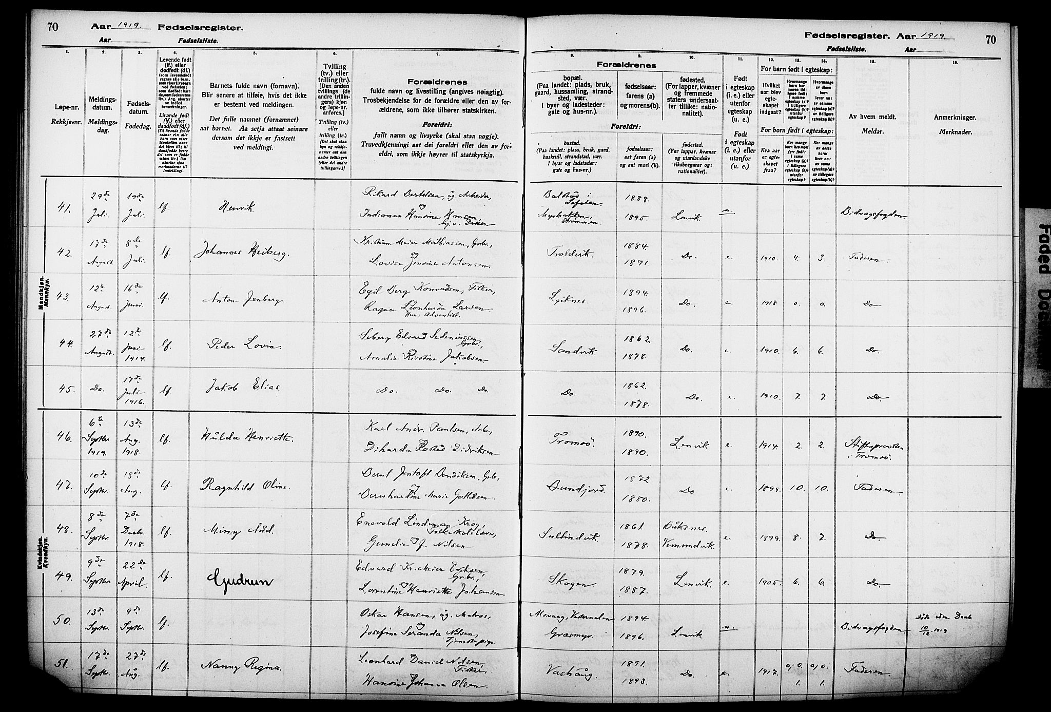 Lenvik sokneprestembete, SATØ/S-1310/I/Ic/L0089: Fødselsregister nr. 89, 1916-1926, s. 70