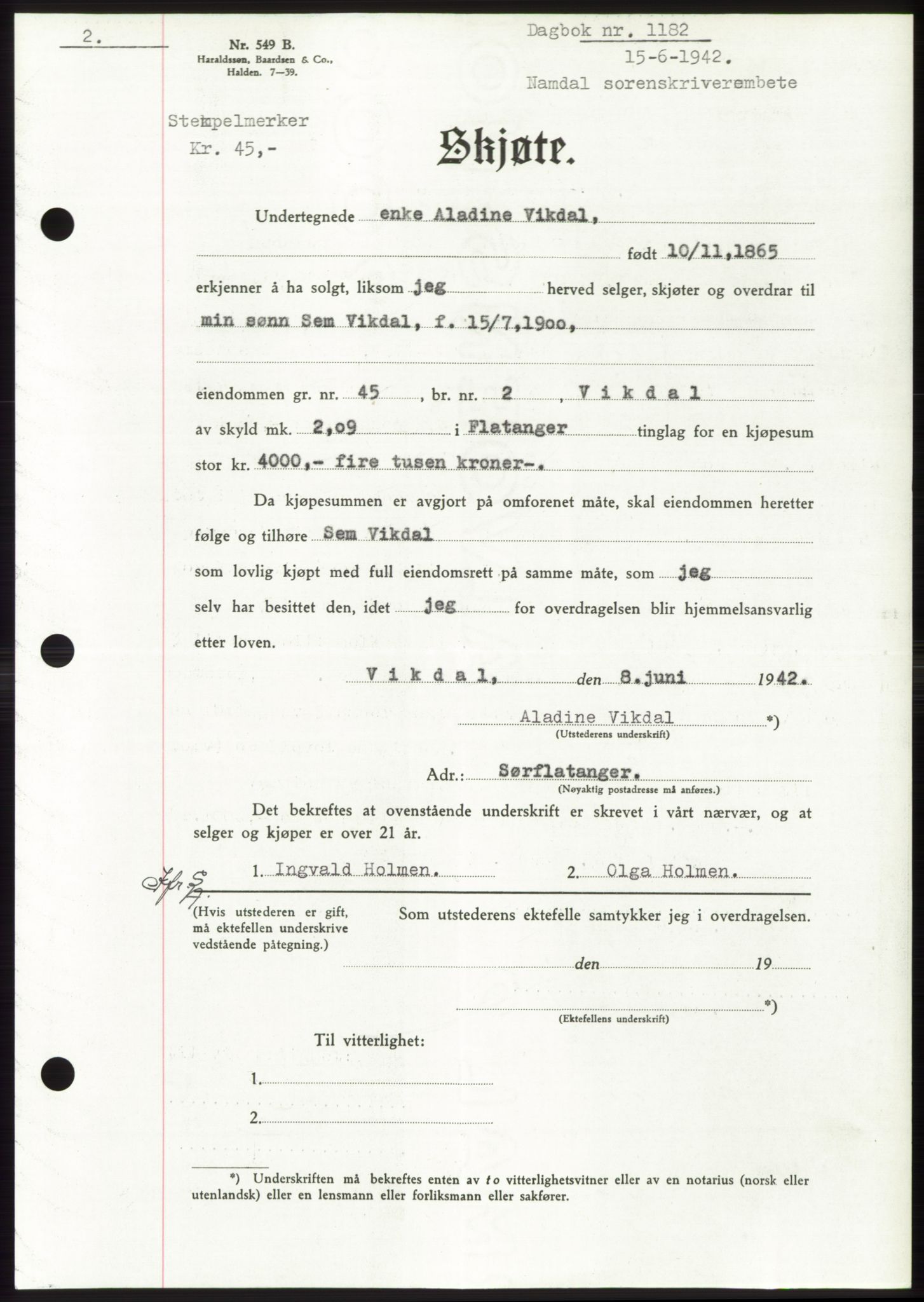 Namdal sorenskriveri, SAT/A-4133/1/2/2C: Pantebok nr. -, 1941-1942, Dagboknr: 1182/1942