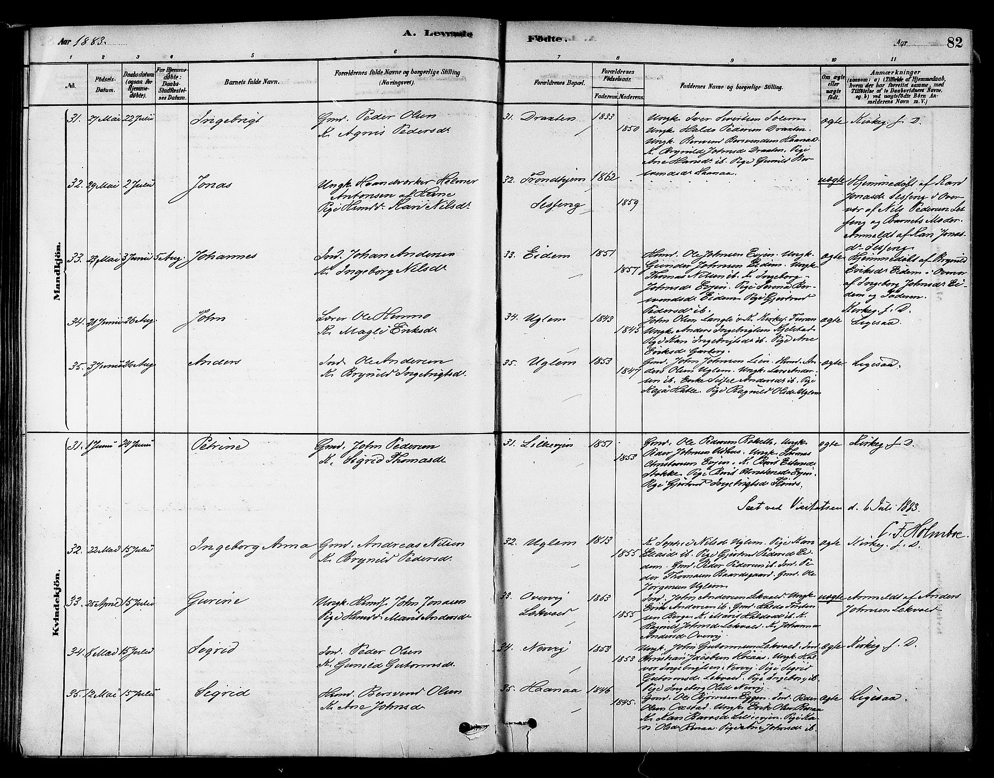 Ministerialprotokoller, klokkerbøker og fødselsregistre - Sør-Trøndelag, AV/SAT-A-1456/695/L1148: Ministerialbok nr. 695A08, 1878-1891, s. 82