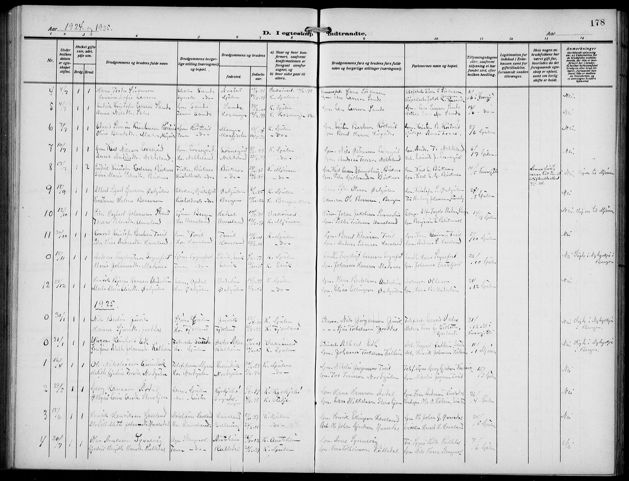 Gulen sokneprestembete, AV/SAB-A-80201/H/Hab/Habb/L0004: Klokkerbok nr. B 4, 1908-1936, s. 178