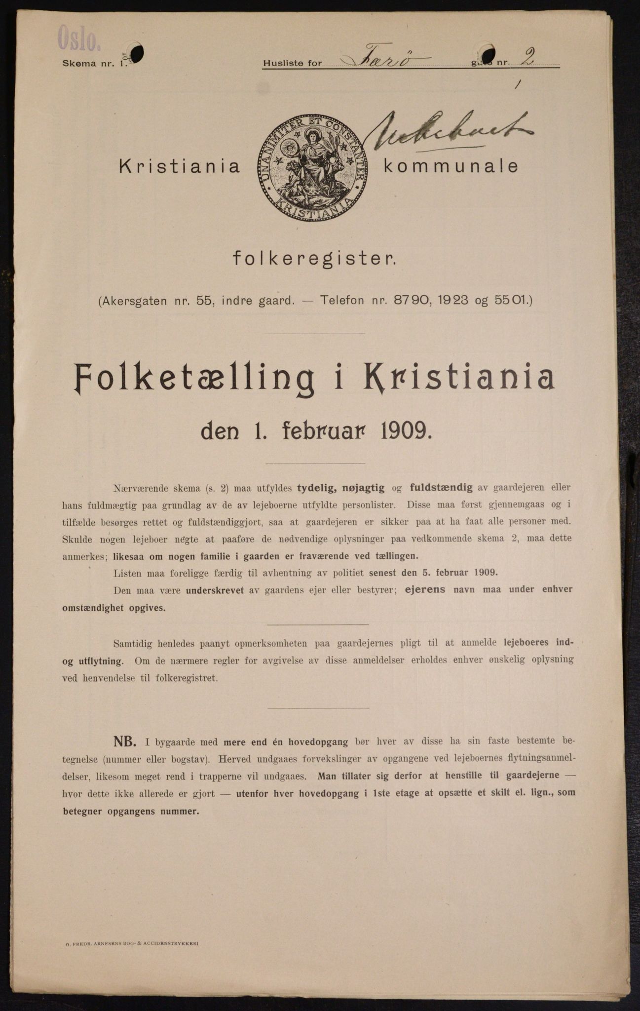 OBA, Kommunal folketelling 1.2.1909 for Kristiania kjøpstad, 1909, s. 2455