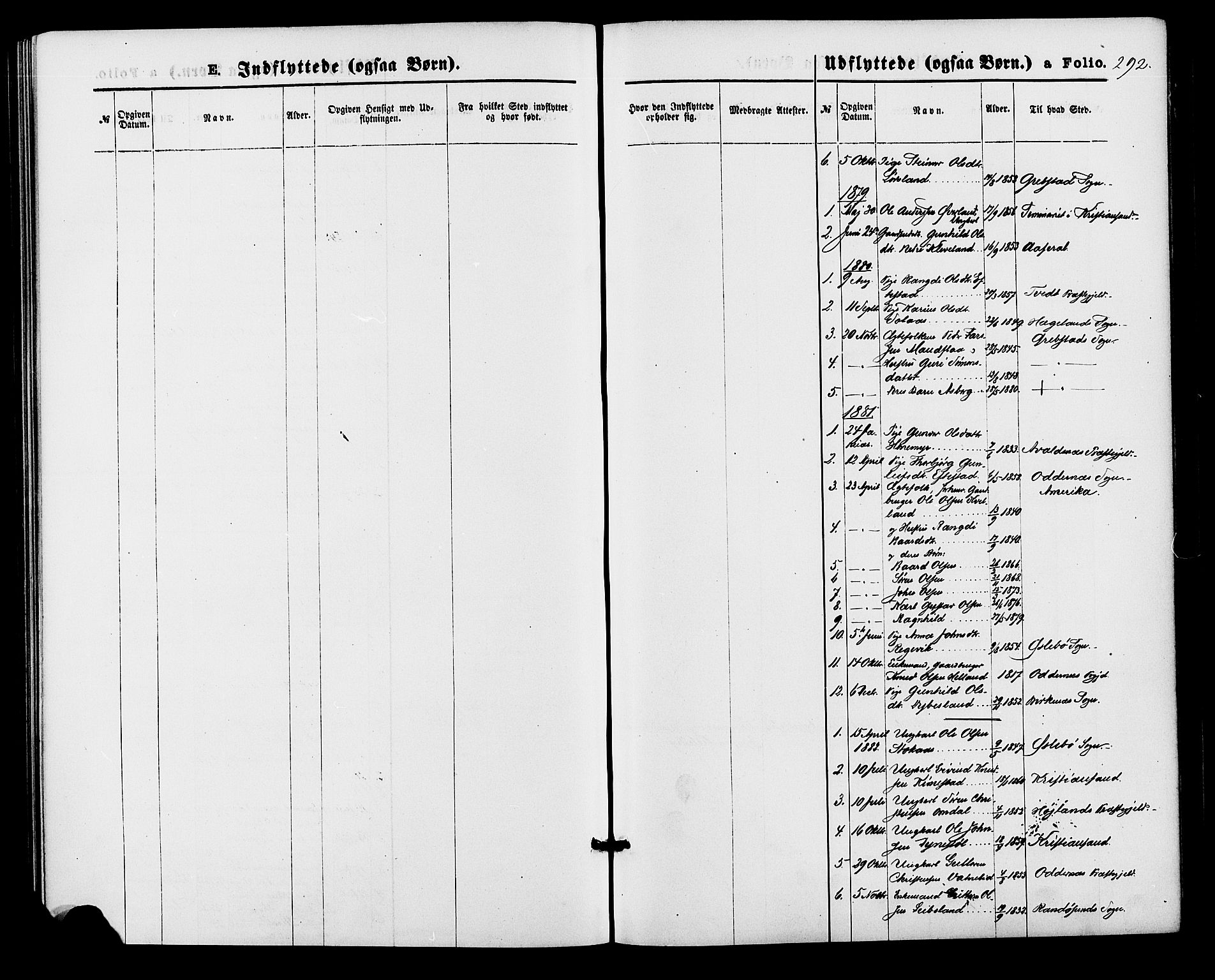 Bjelland sokneprestkontor, SAK/1111-0005/F/Fa/Fab/L0003: Ministerialbok nr. A 3, 1870-1887, s. 292