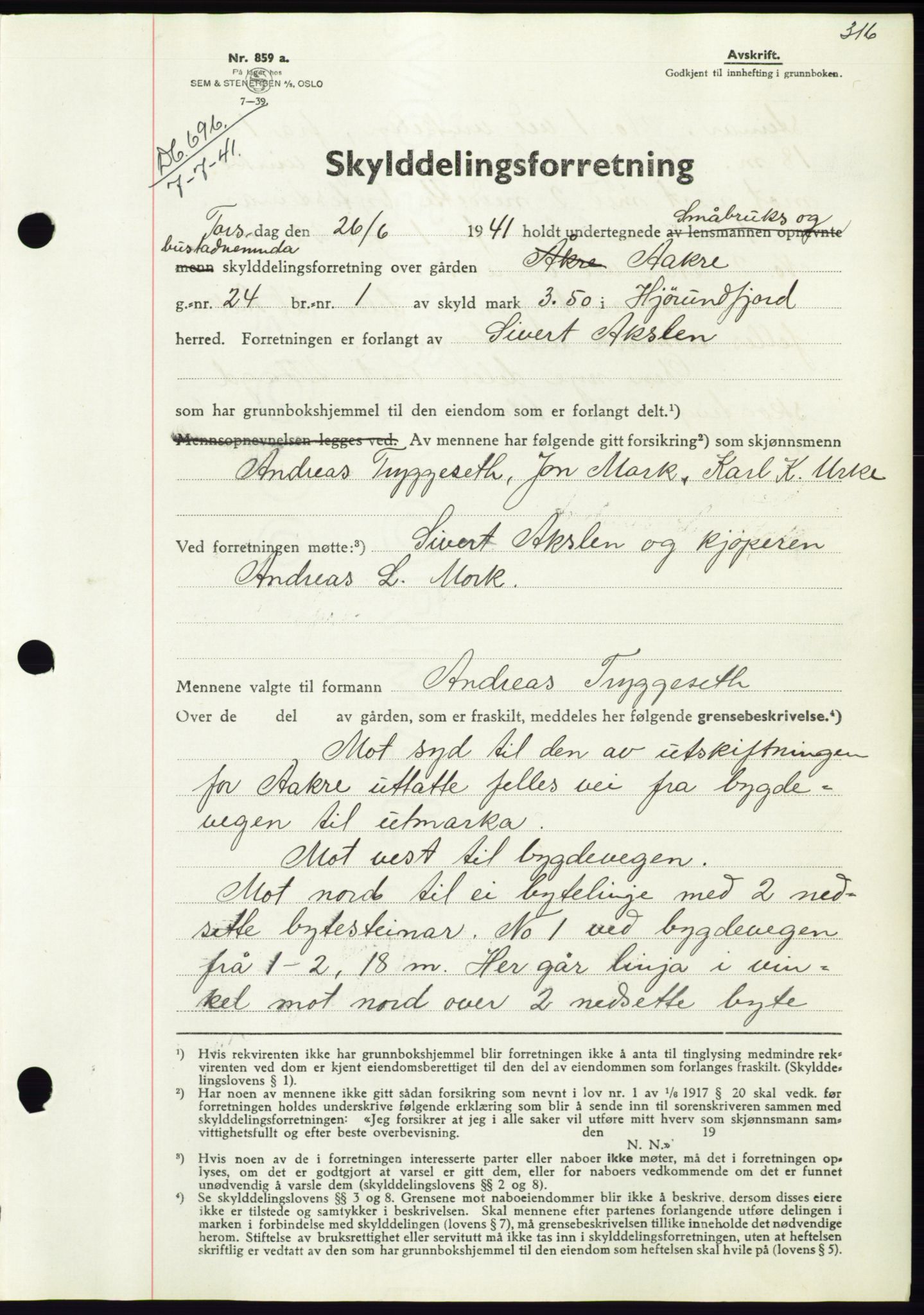 Søre Sunnmøre sorenskriveri, AV/SAT-A-4122/1/2/2C/L0071: Pantebok nr. 65, 1941-1941, Dagboknr: 696/1941