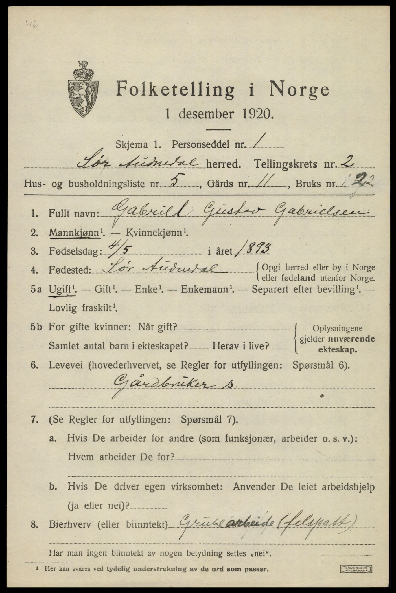 SAK, Folketelling 1920 for 1029 Sør-Audnedal herred, 1920, s. 1627