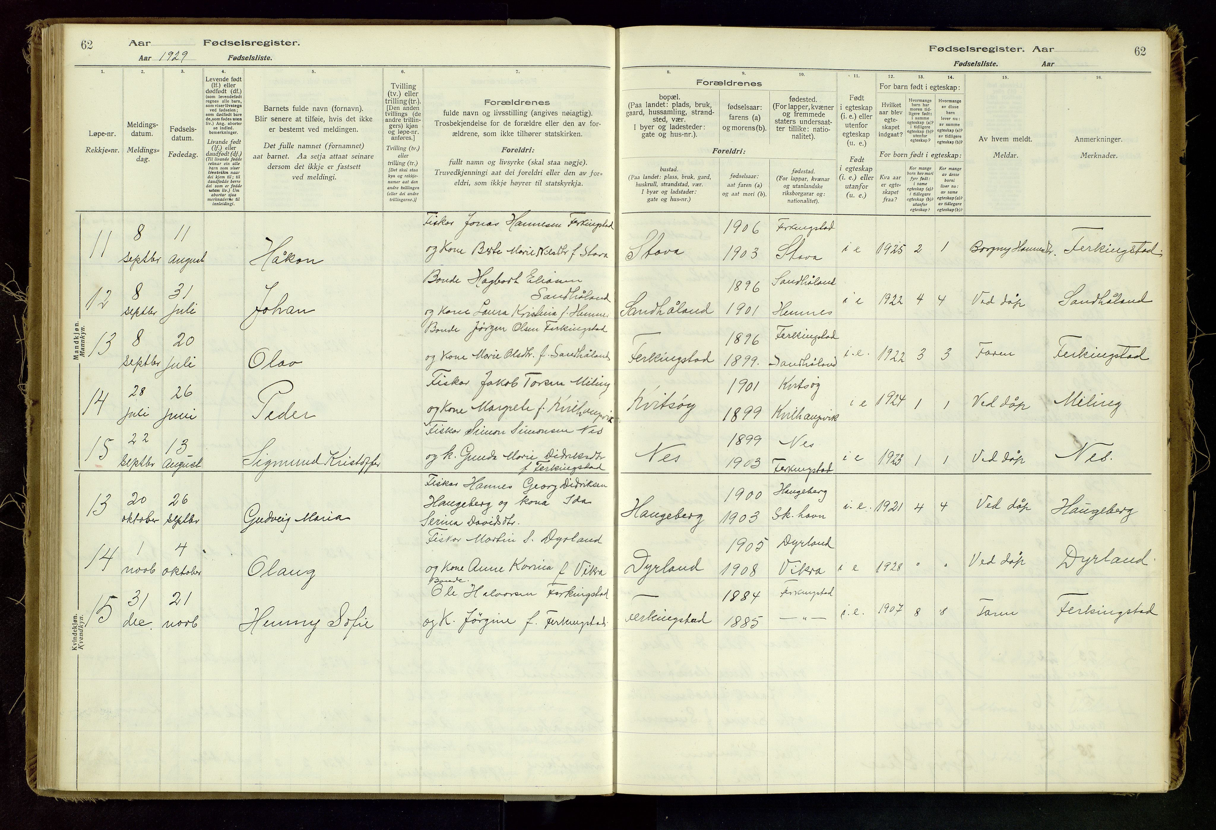 Skudenes sokneprestkontor, SAST/A -101849/I/Id/L0002: Fødselsregister nr. 2, 1916-1962, s. 62