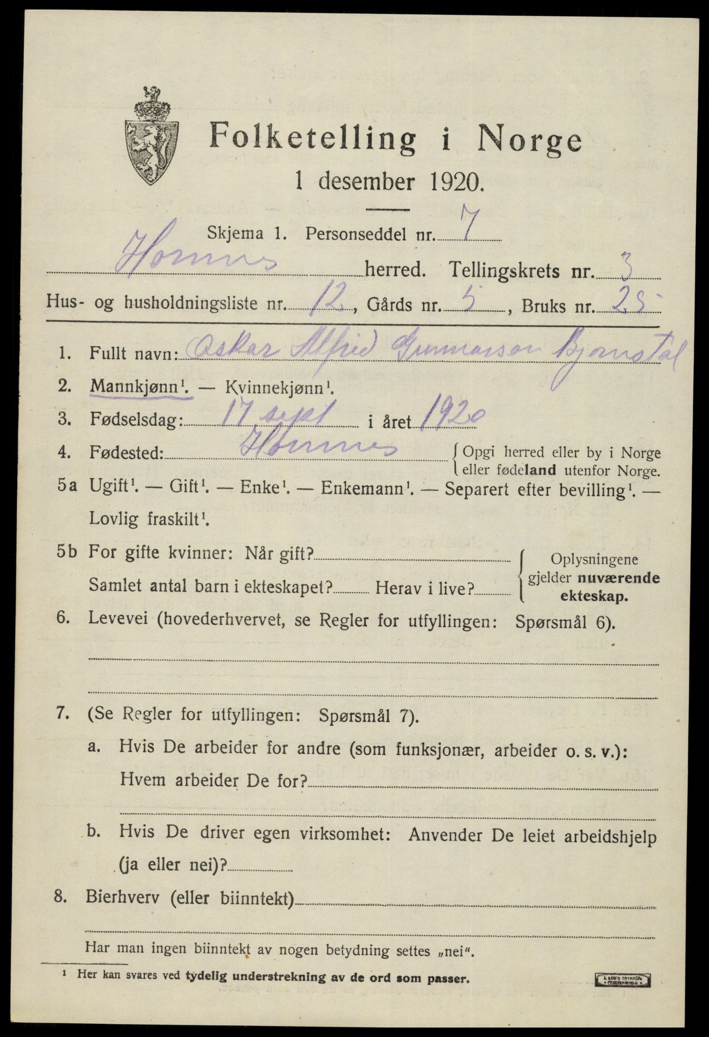 SAK, Folketelling 1920 for 0936 Hornnes herred, 1920, s. 941