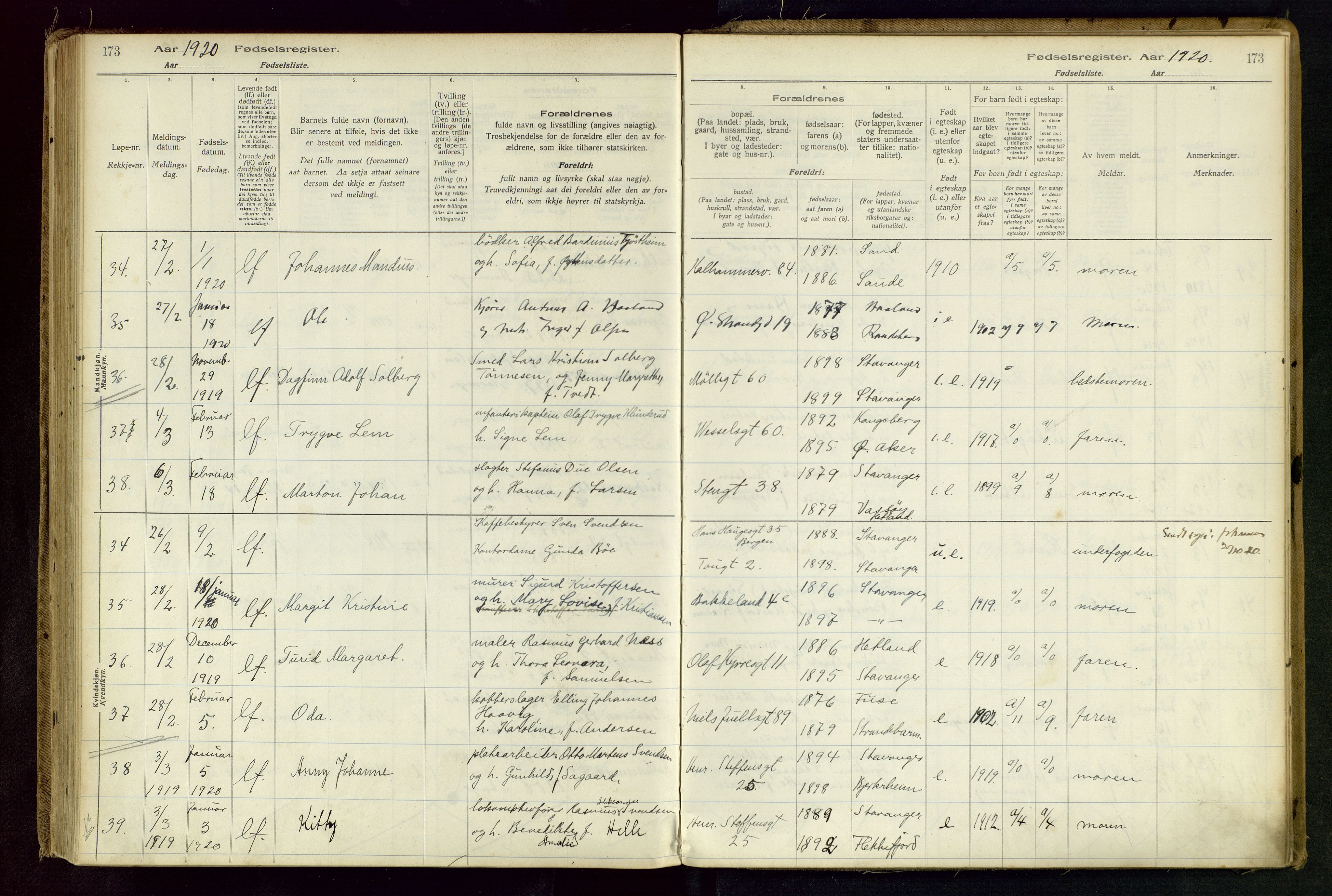 Domkirken sokneprestkontor, AV/SAST-A-101812/002/B/L0001: Fødselsregister nr. 1, 1916-1920, s. 173