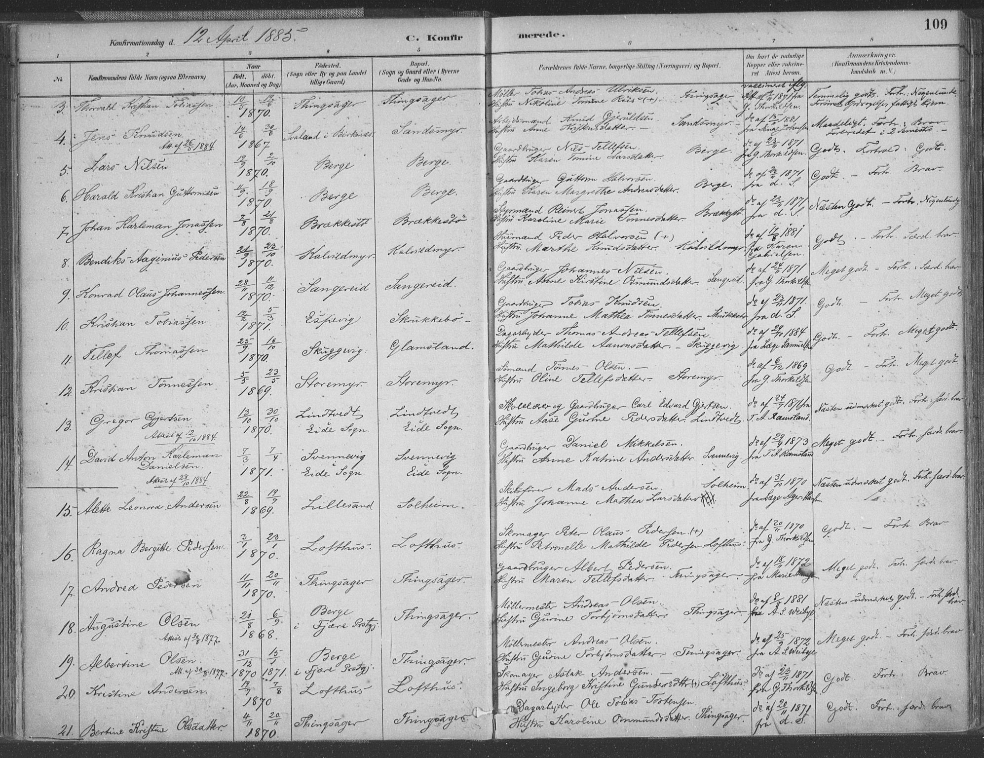 Vestre Moland sokneprestkontor, AV/SAK-1111-0046/F/Fa/Fab/L0009: Ministerialbok nr. A 9, 1884-1899, s. 109