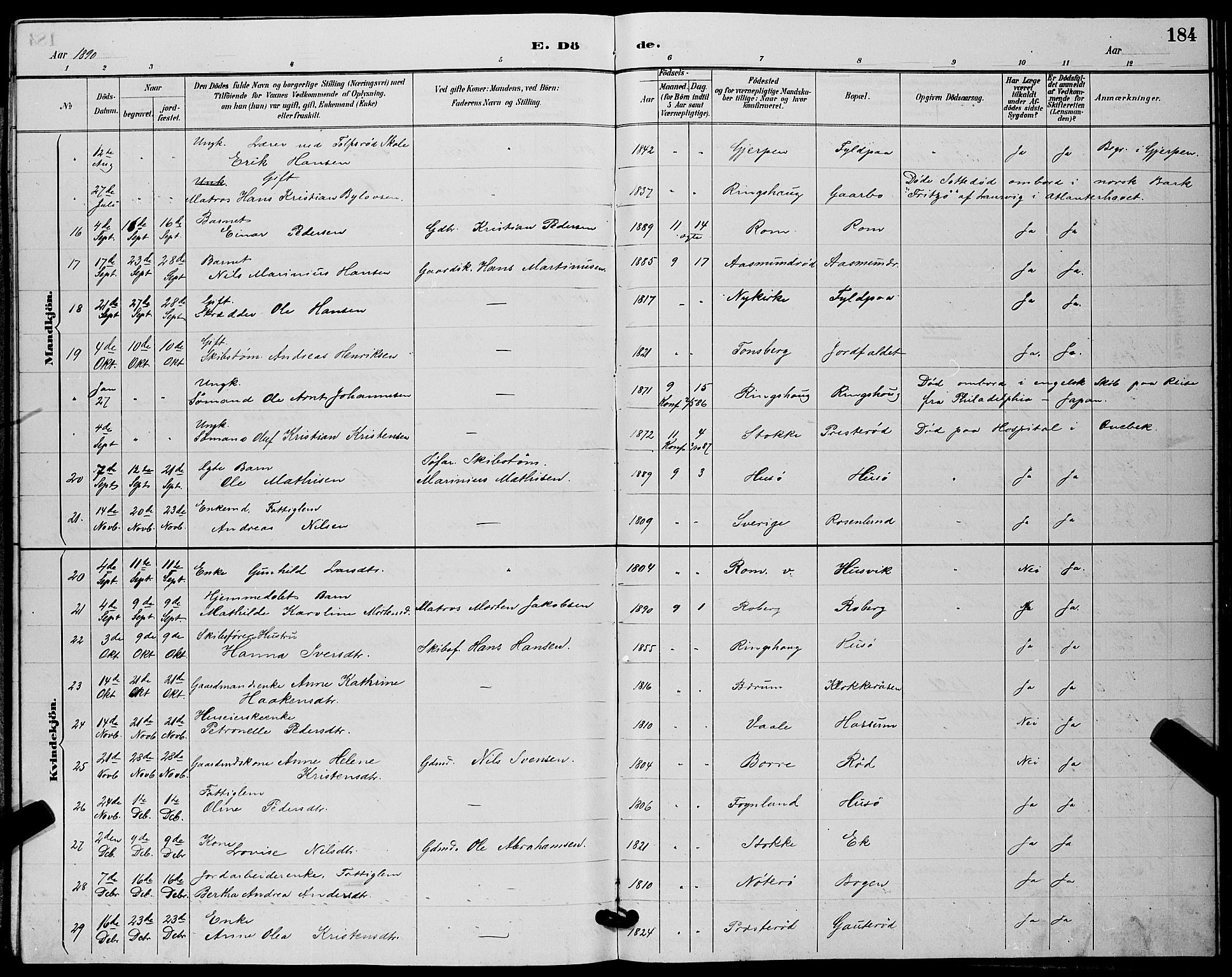 Sem kirkebøker, AV/SAKO-A-5/G/Gb/L0002: Klokkerbok nr. II 2, 1886-1899, s. 184