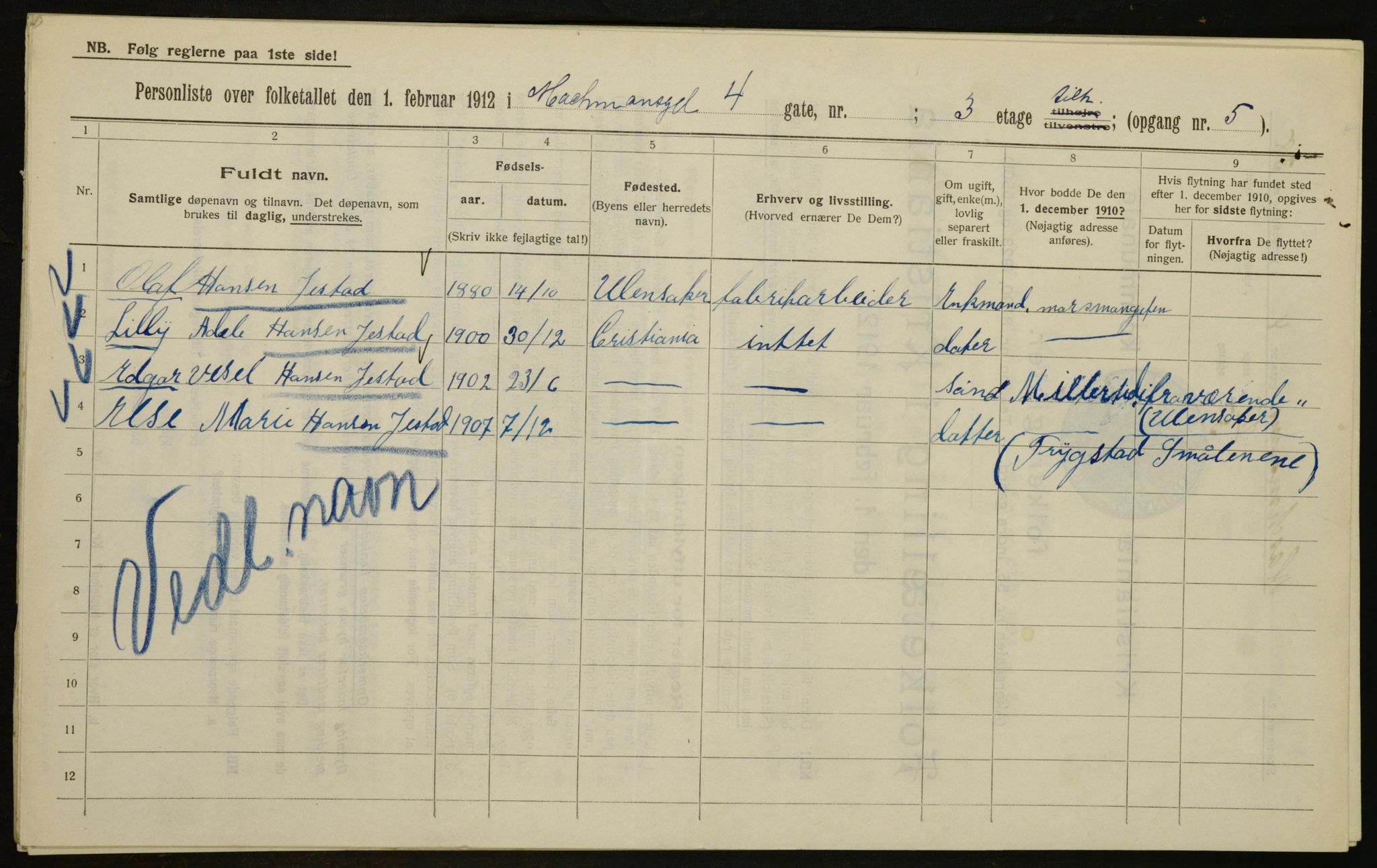 OBA, Kommunal folketelling 1.2.1912 for Kristiania, 1912, s. 65176