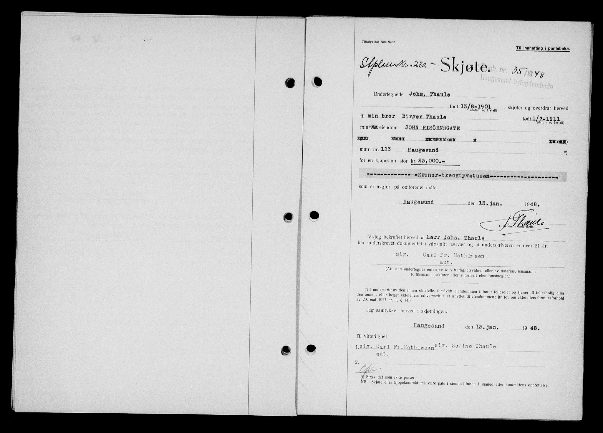 Haugesund tingrett, SAST/A-101415/01/II/IIC/L0063: Pantebok nr. A 4, 1946-1948, Dagboknr: 35/1948