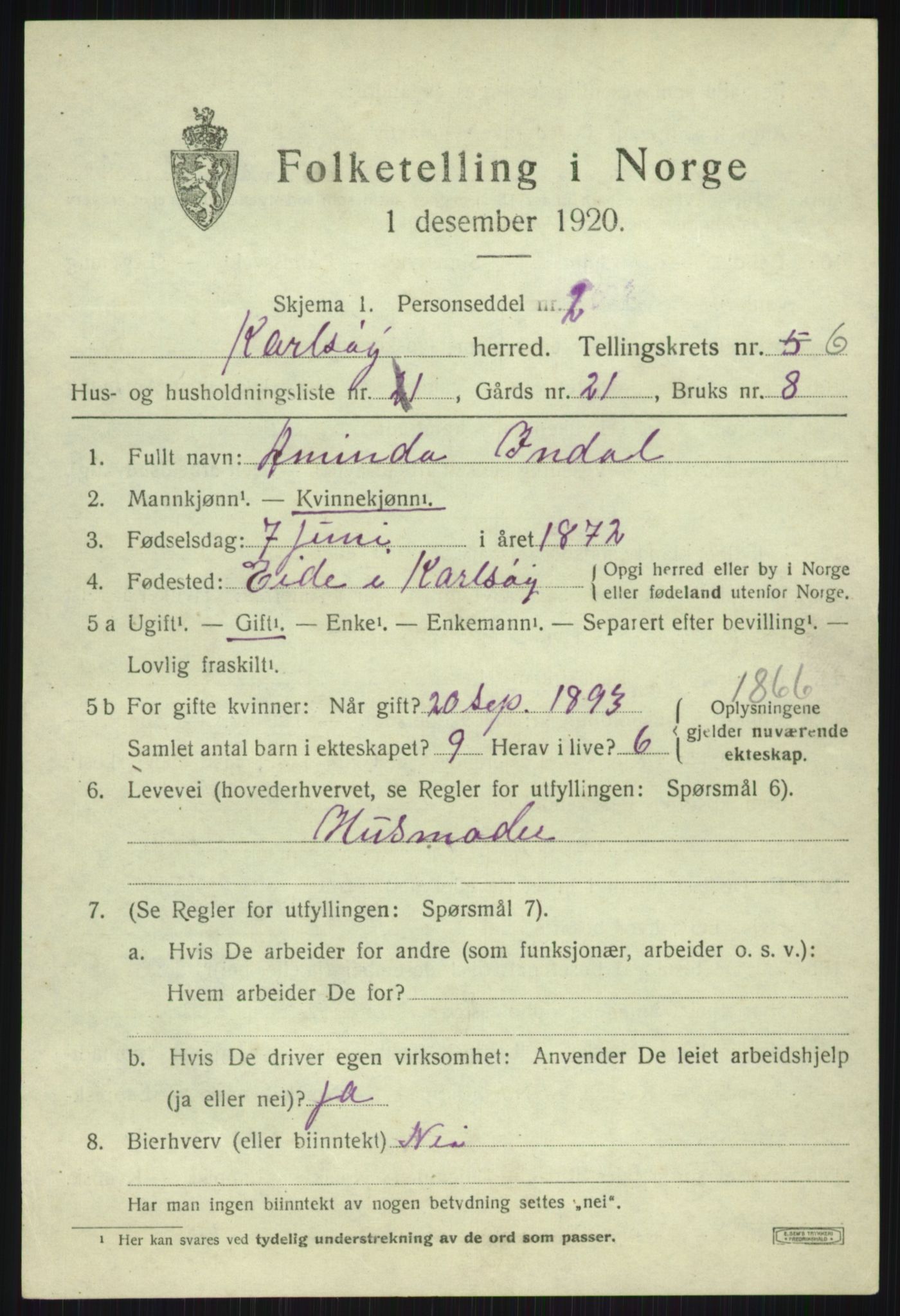 SATØ, Folketelling 1920 for 1936 Karlsøy herred, 1920, s. 2455