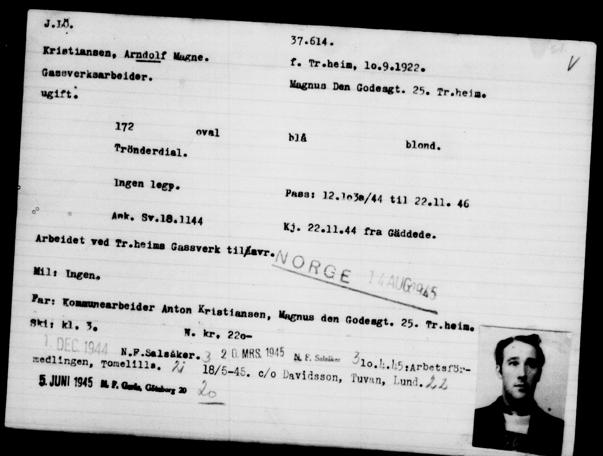 Utenriksstasjonene, Legasjonen i Stockholm, Flyktningkontoret, AV/RA-S-6753/V/Va/L0014: Kjesäterkartoteket, flyktninger med registreringsnr. 34700-37855, 1940-1945, s. 3065