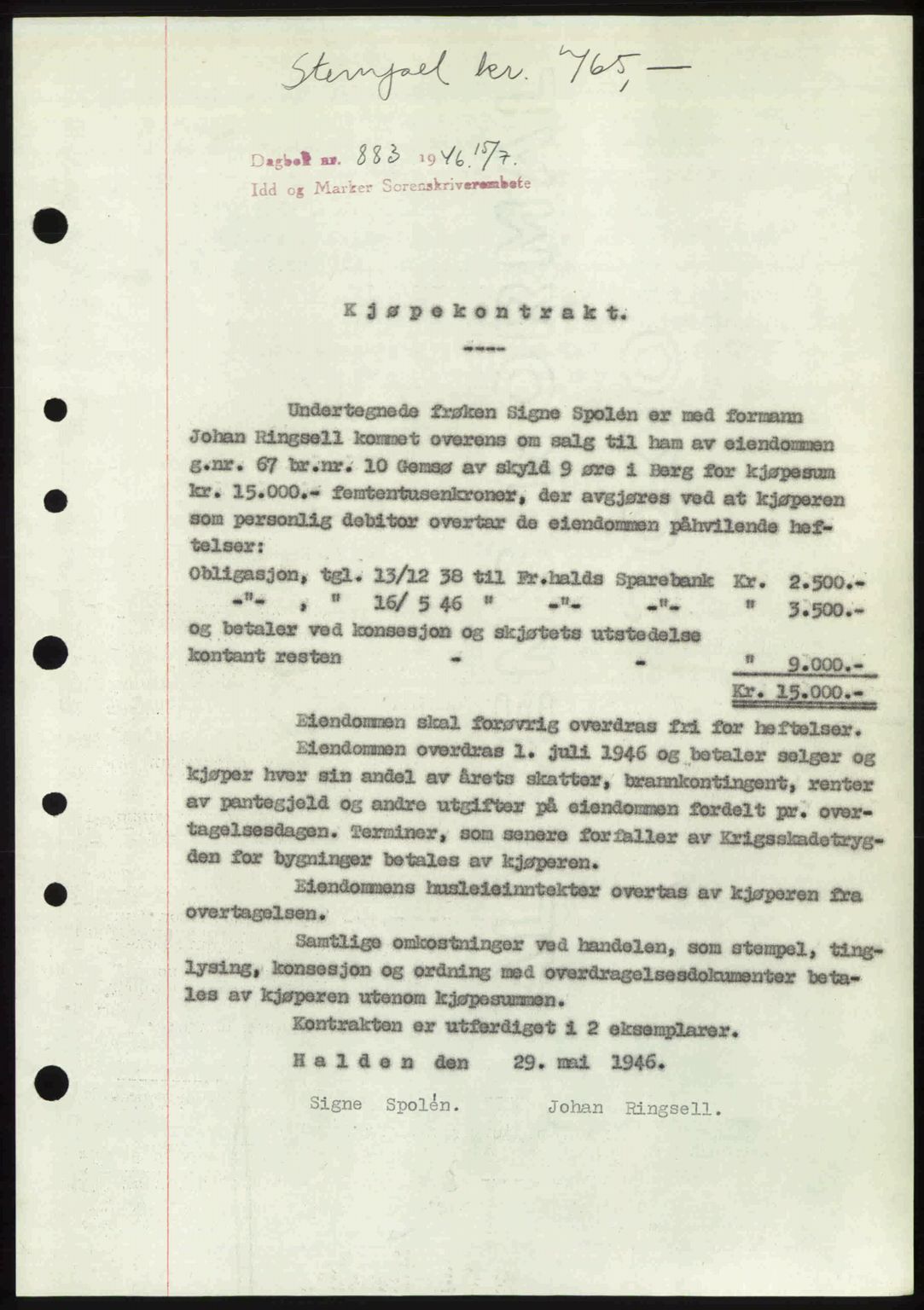 Idd og Marker sorenskriveri, SAO/A-10283/G/Gb/Gbb/L0008: Pantebok nr. A8, 1946-1946, Dagboknr: 883/1946