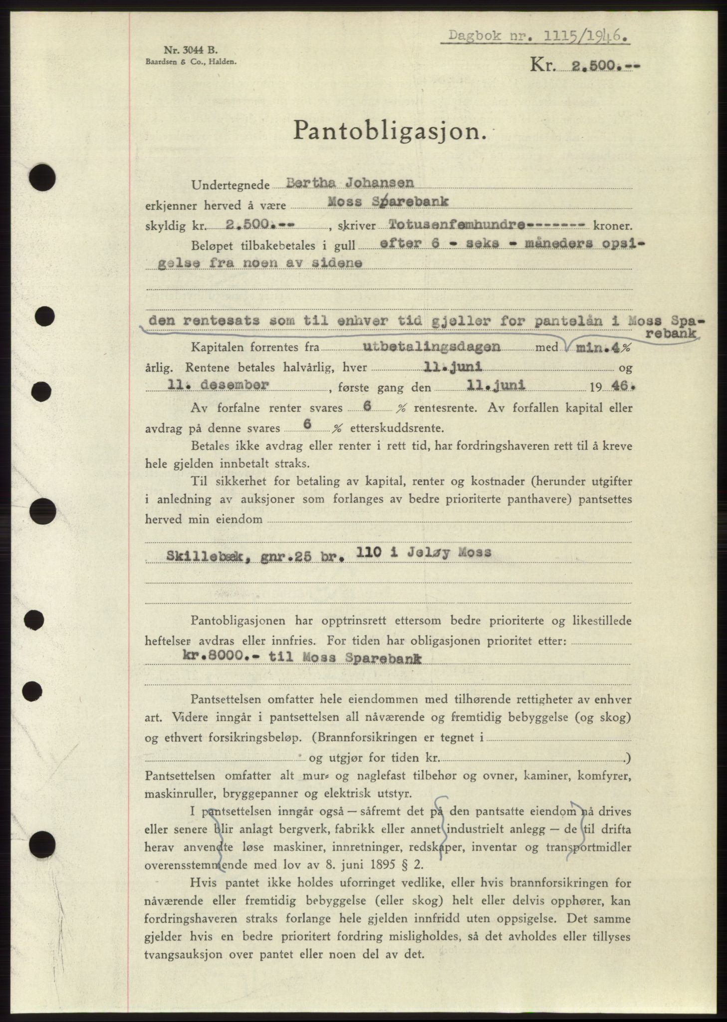 Moss sorenskriveri, SAO/A-10168: Pantebok nr. B15, 1946-1946, Dagboknr: 1115/1946
