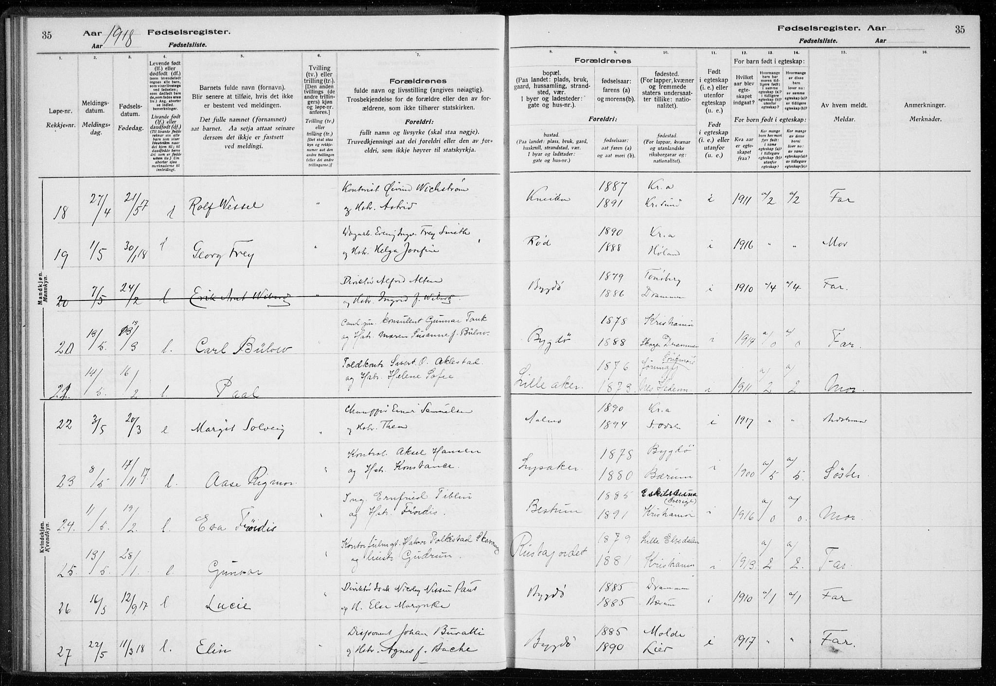 Ullern prestekontor Kirkebøker, AV/SAO-A-10740/J/L0001: Fødselsregister nr. 1, 1916-1928, s. 35