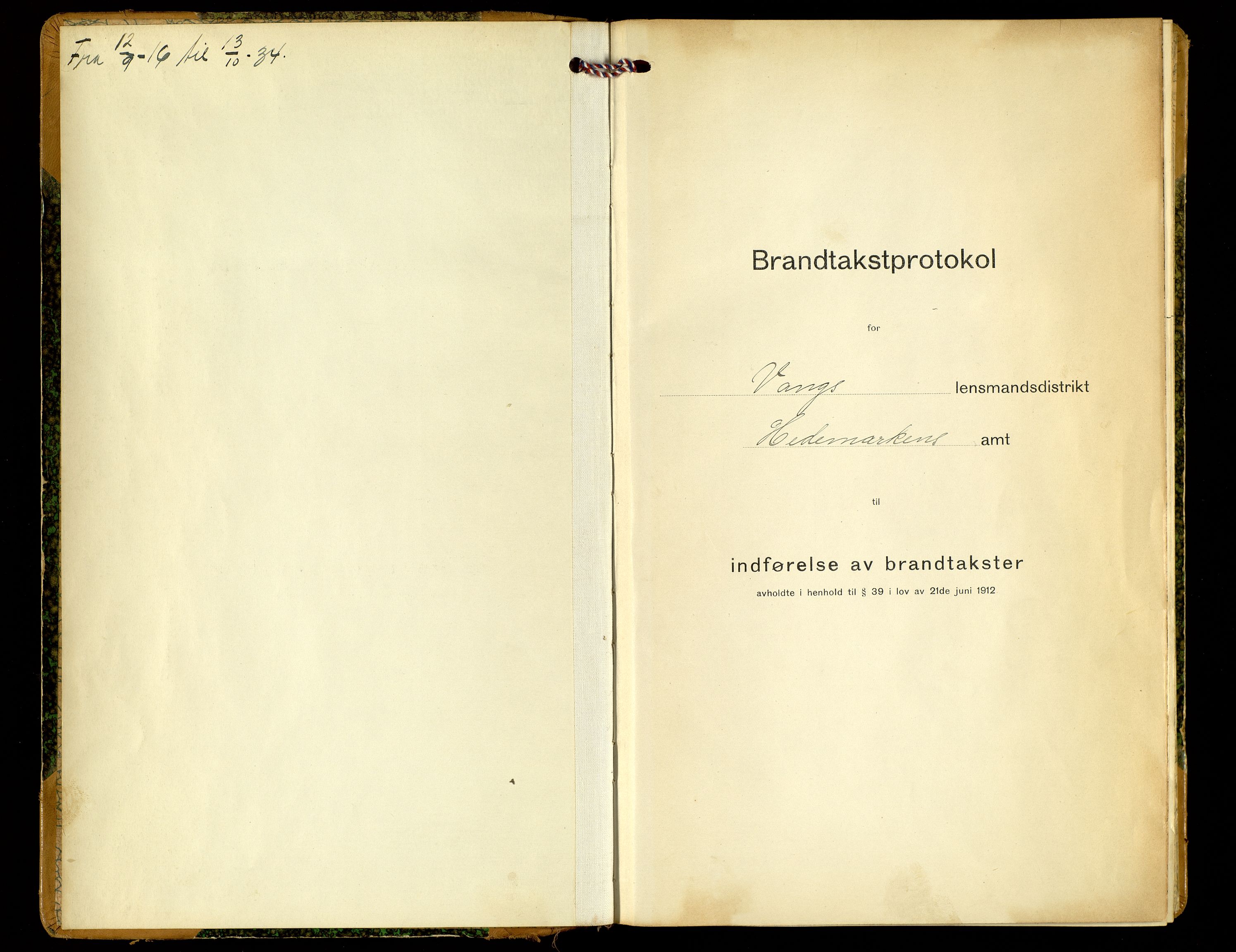 Norges Brannkasse, Vang, Hedmark, SAH/NBRANV-005/F/L0009: Branntakstprotokoll, 1916-1934
