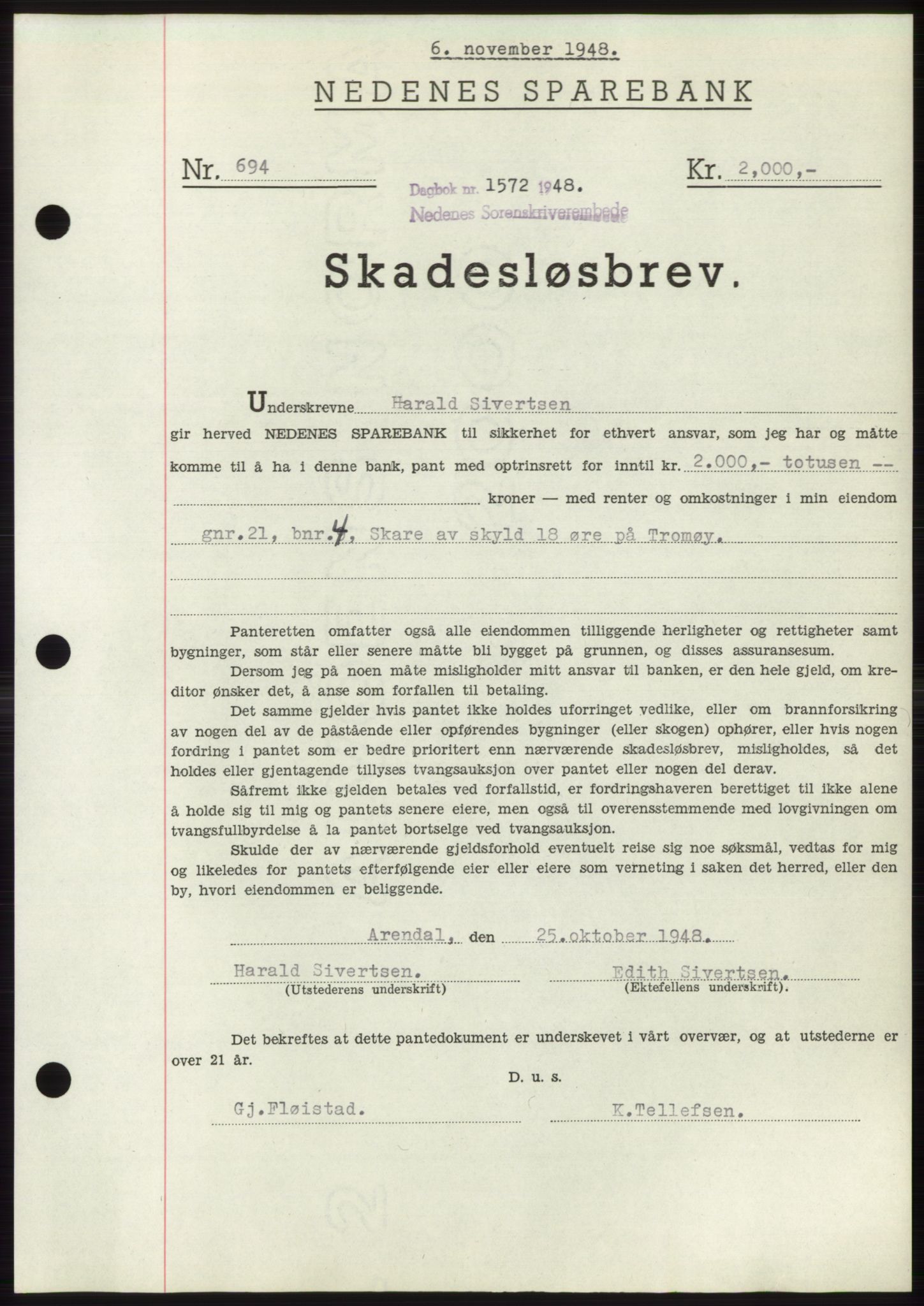 Nedenes sorenskriveri, AV/SAK-1221-0006/G/Gb/Gbb/L0005: Pantebok nr. B5, 1948-1948, Dagboknr: 1572/1948