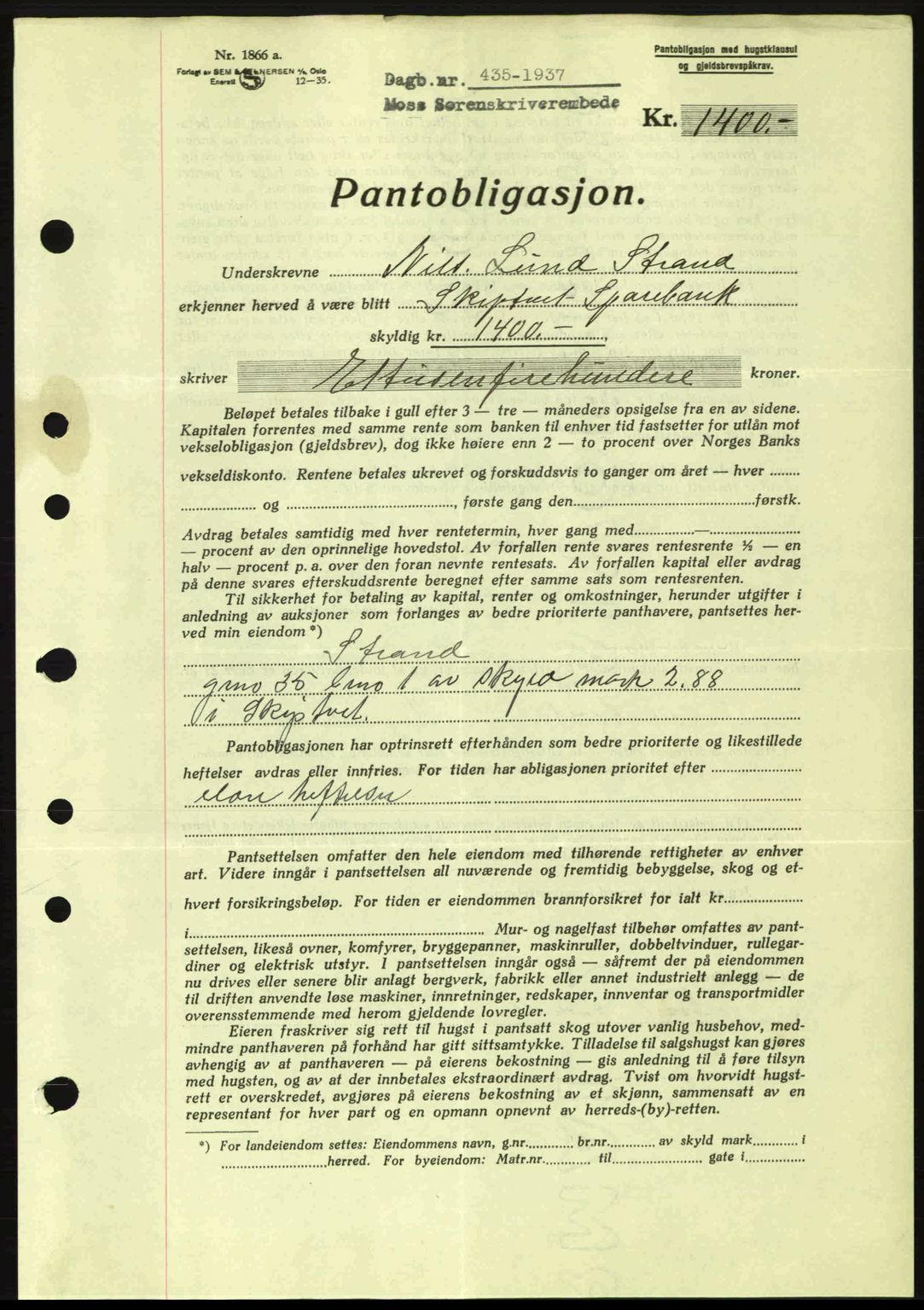 Moss sorenskriveri, SAO/A-10168: Pantebok nr. B3, 1937-1937, Dagboknr: 435/1937