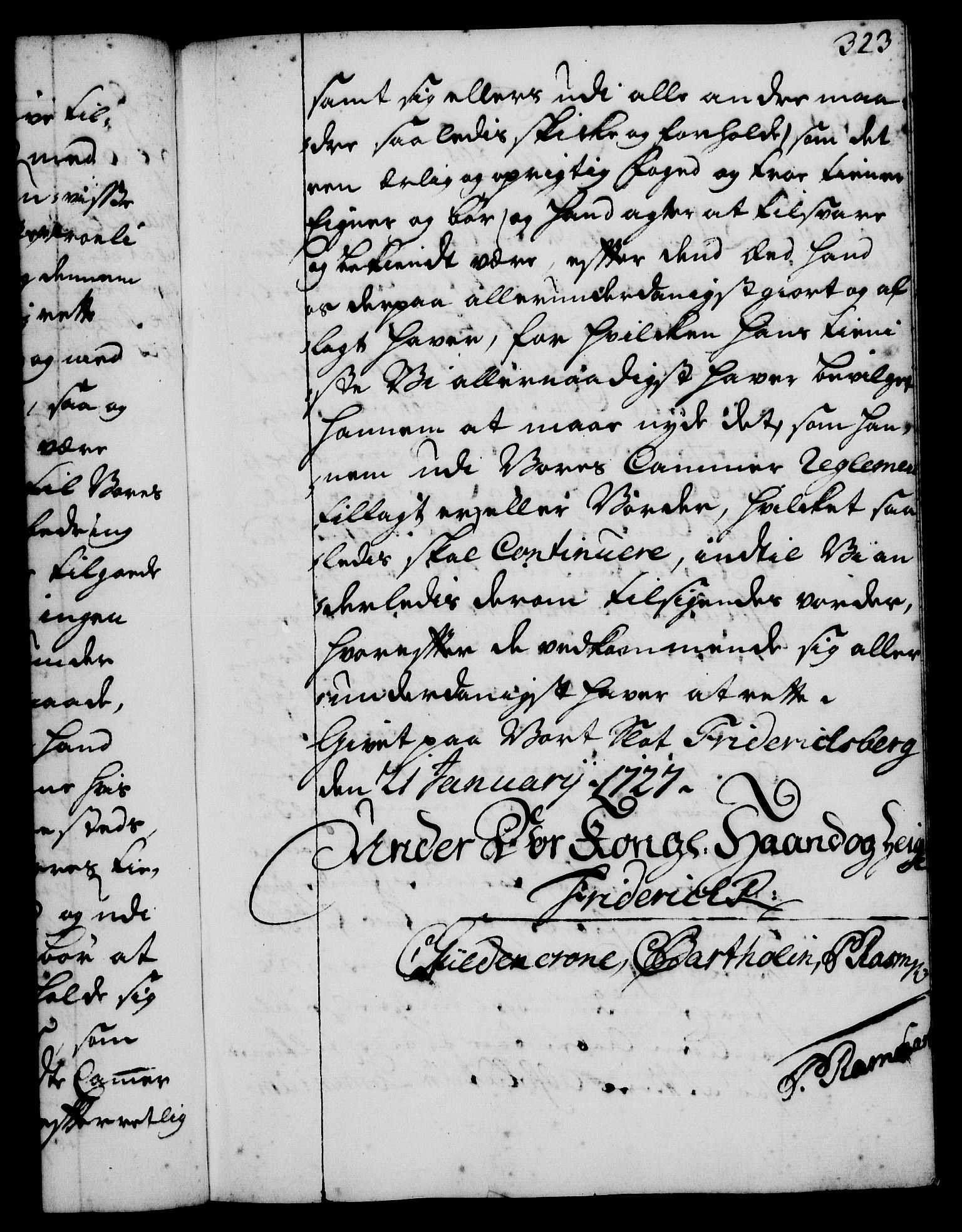 Rentekammeret, Kammerkanselliet, RA/EA-3111/G/Gg/Gge/L0001: Norsk bestallingsprotokoll med register (merket RK 53.25), 1720-1730, s. 323