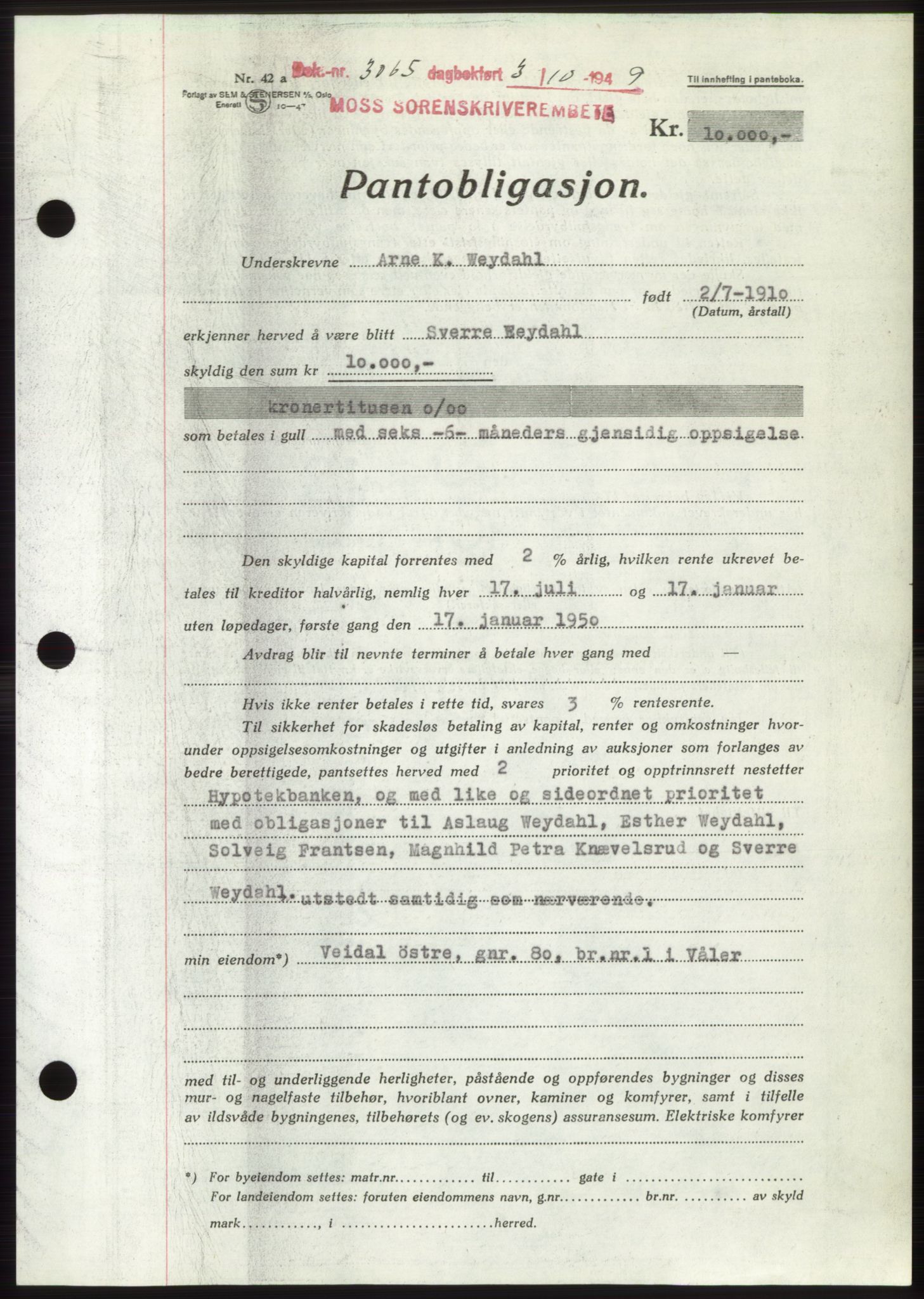 Moss sorenskriveri, SAO/A-10168: Pantebok nr. B22, 1949-1949, Dagboknr: 3065/1949