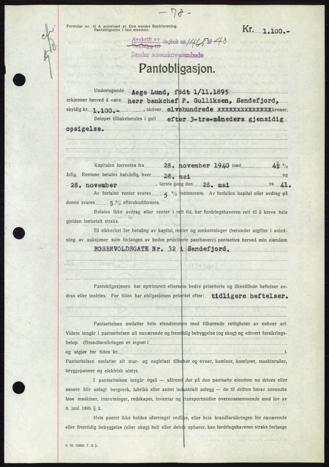 Sandar sorenskriveri, SAKO/A-86/G/Ga/Gab/L0001: Pantebok nr. B-1 og B-3 - B-9, 1936-1944, Dagboknr: 1465/1940