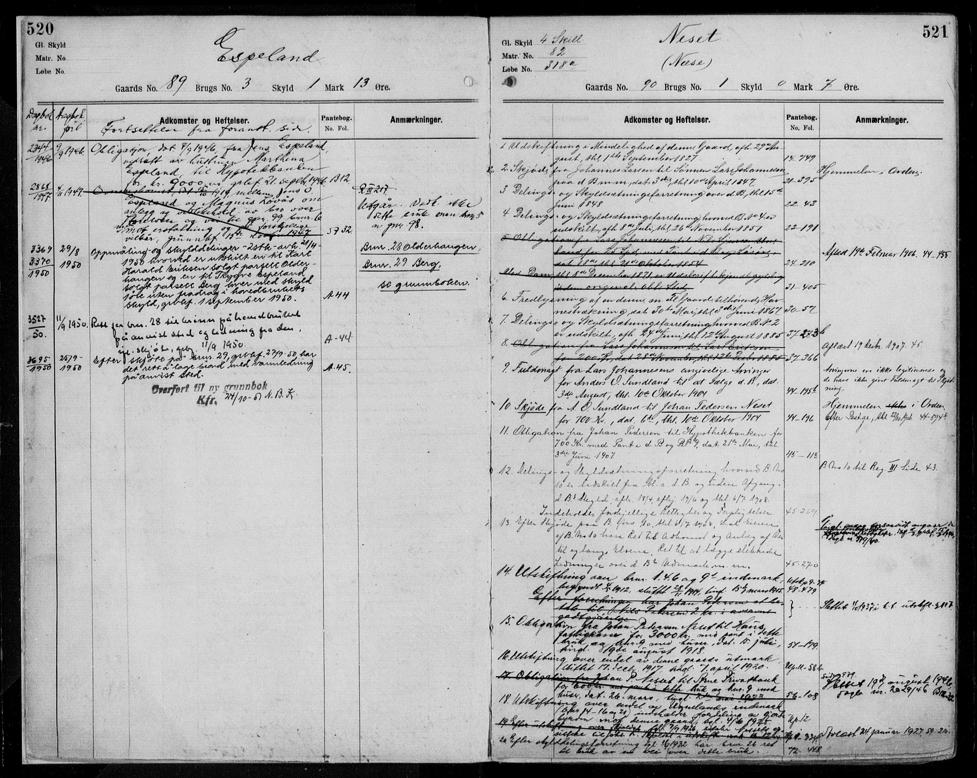 Nordhordland sorenskrivar, SAB/A-2901/1/G/Ga/Gaaa/L0021: Panteregister nr. II.A.a.21, 1893-1952, s. 520-521