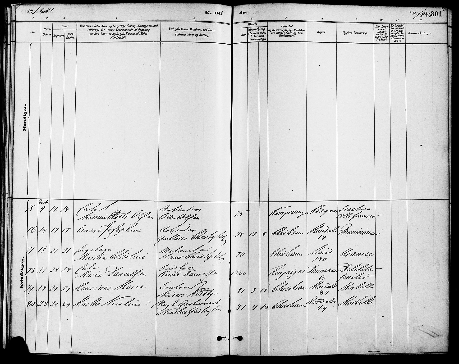 Gamle Aker prestekontor Kirkebøker, SAO/A-10617a/F/L0006: Ministerialbok nr. 6, 1880-1887, s. 301