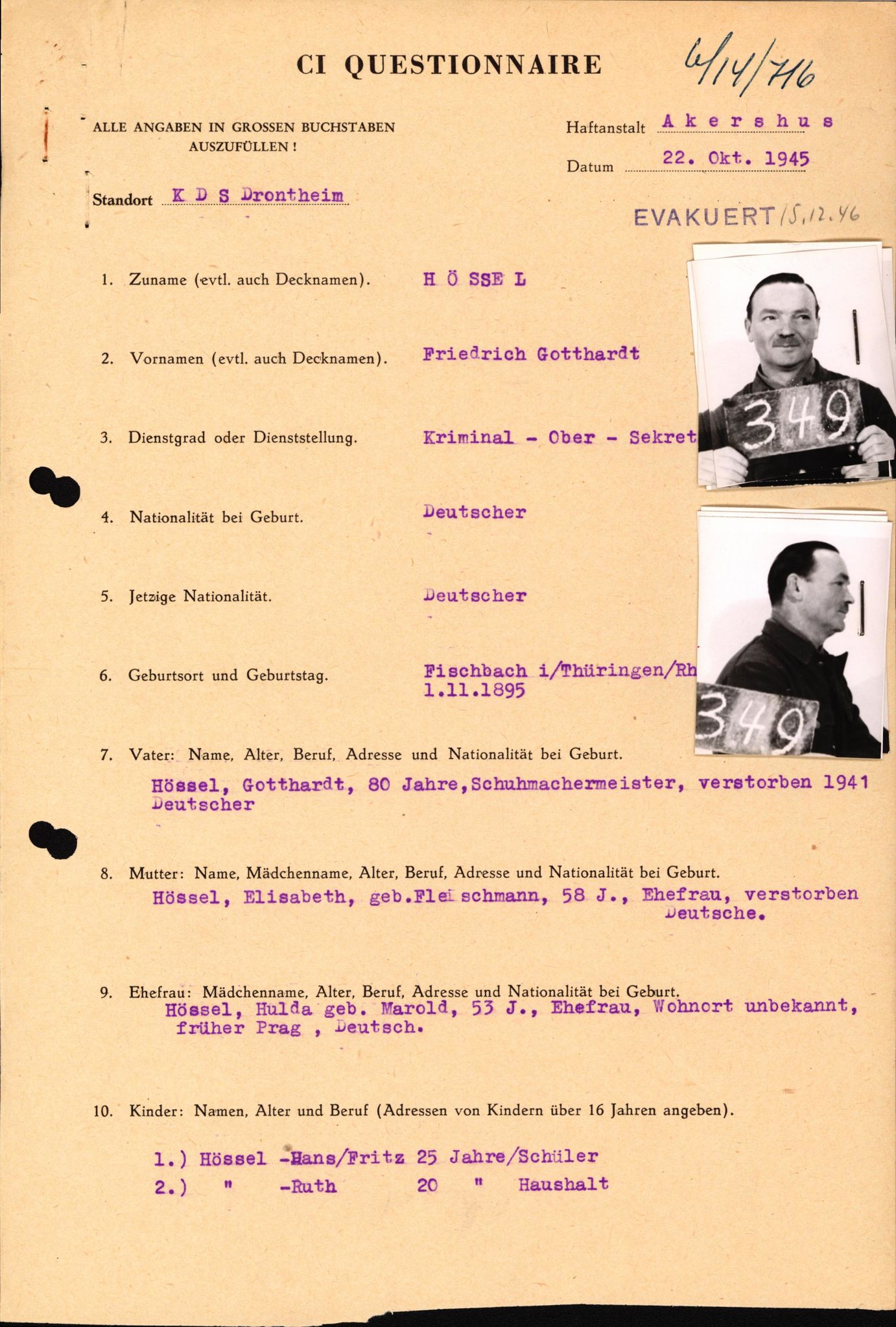 Forsvaret, Forsvarets overkommando II, RA/RAFA-3915/D/Db/L0014: CI Questionaires. Tyske okkupasjonsstyrker i Norge. Tyskere., 1945-1946, s. 330