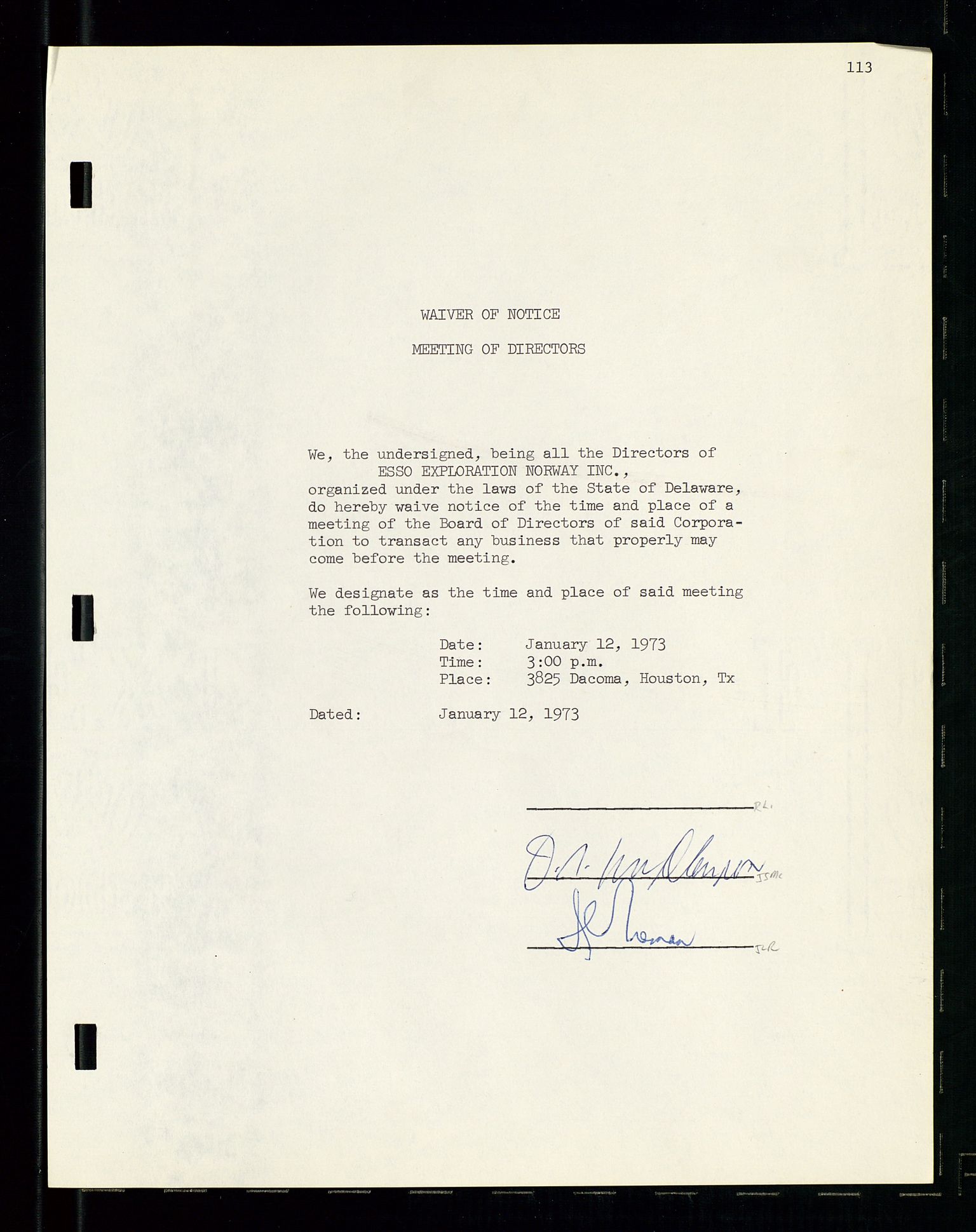 Pa 1512 - Esso Exploration and Production Norway Inc., SAST/A-101917/A/Aa/L0001/0001: Styredokumenter / Corporate records, By-Laws, Board meeting minutes, Incorporations, 1965-1975, s. 113