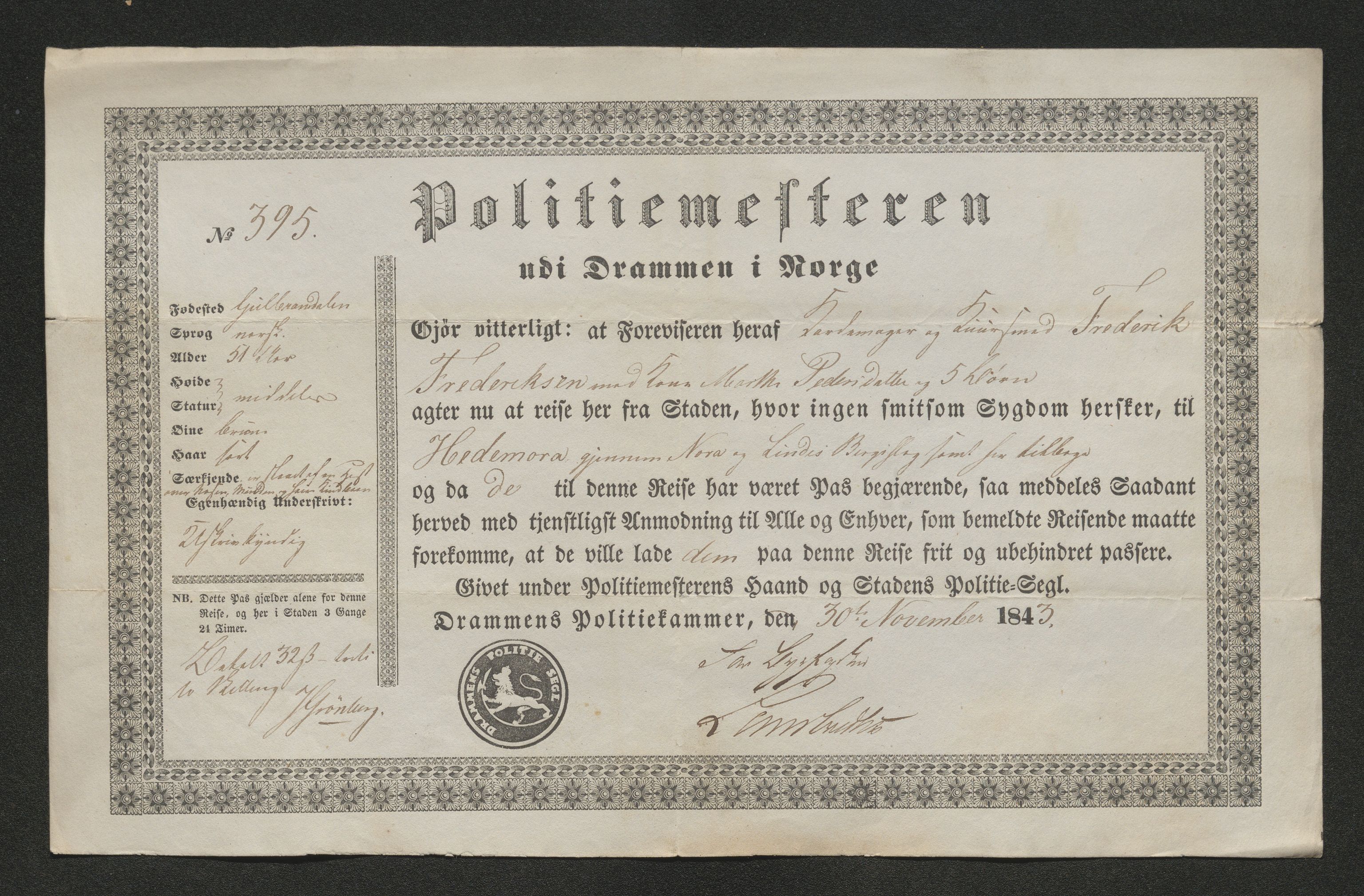 Drammen politikammer, SAKO/A-623/I/Ia/Iab/L0007: Innleverte pass, 1843-1844, s. 349