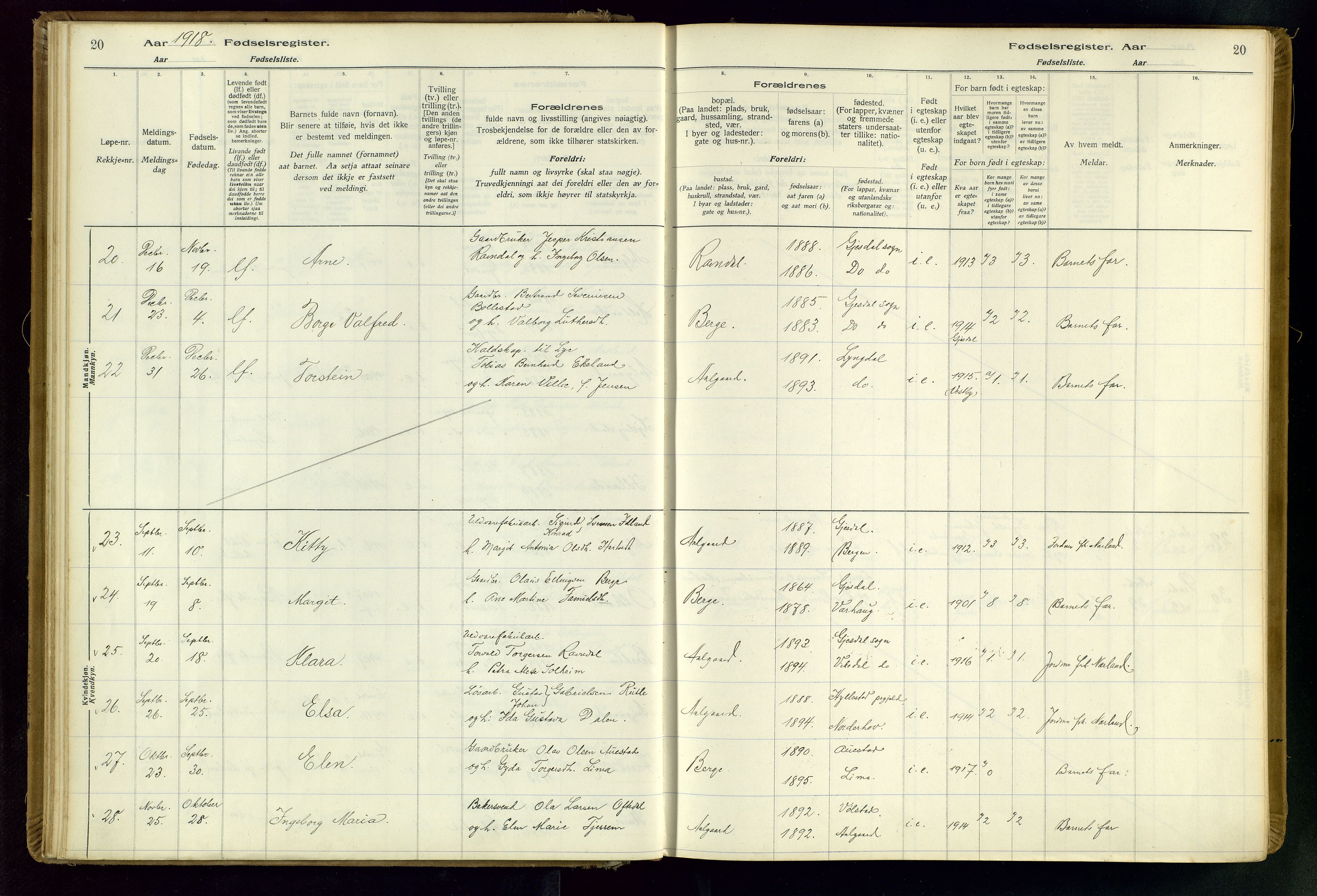 Gjesdal sokneprestkontor, SAST/A-101796/002/O/L0001: Fødselsregister nr. 1, 1916-1949, s. 20