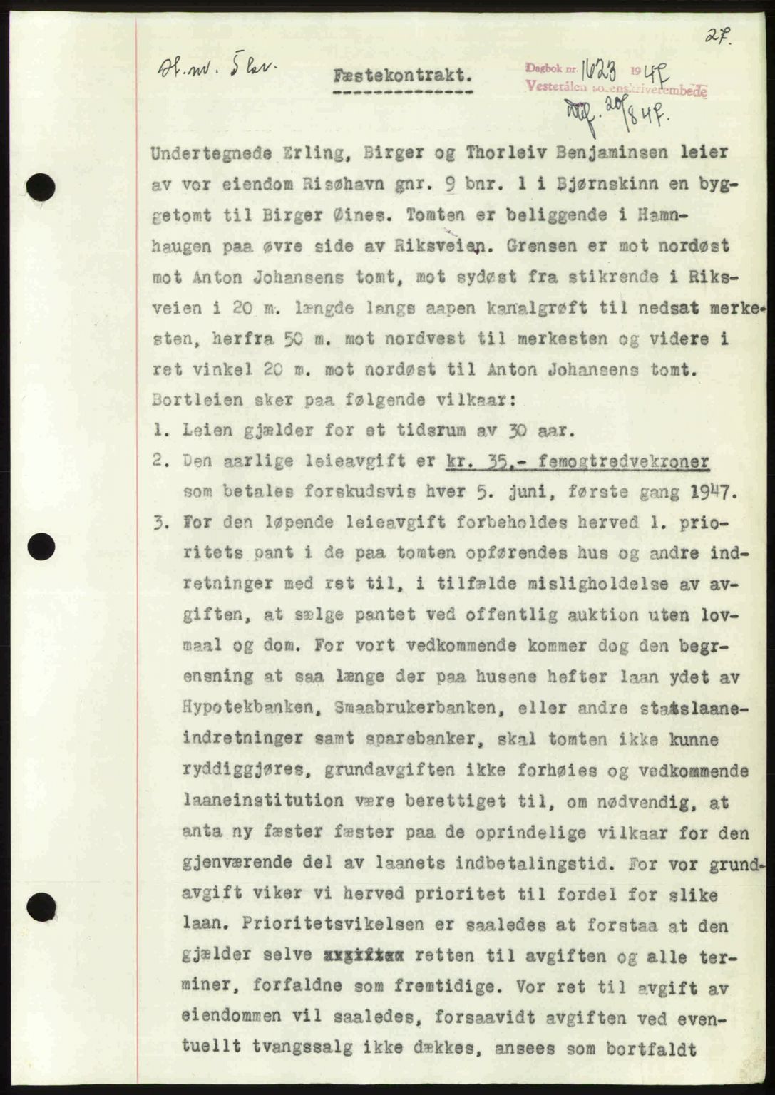 Vesterålen sorenskriveri, SAT/A-4180/1/2/2Ca: Pantebok nr. A21, 1947-1947, Dagboknr: 1623/1947