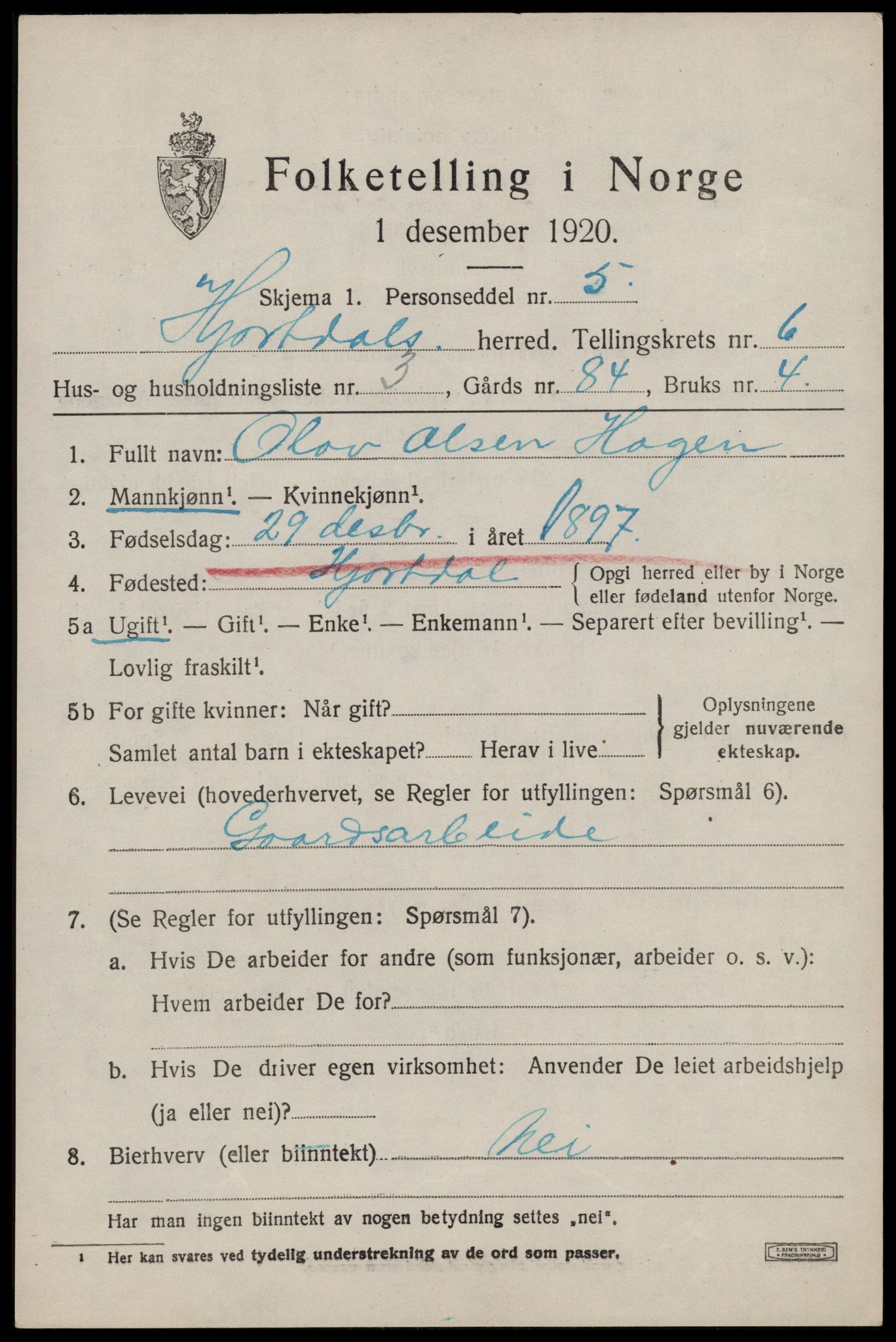 SAKO, Folketelling 1920 for 0827 Hjartdal herred, 1920, s. 4046