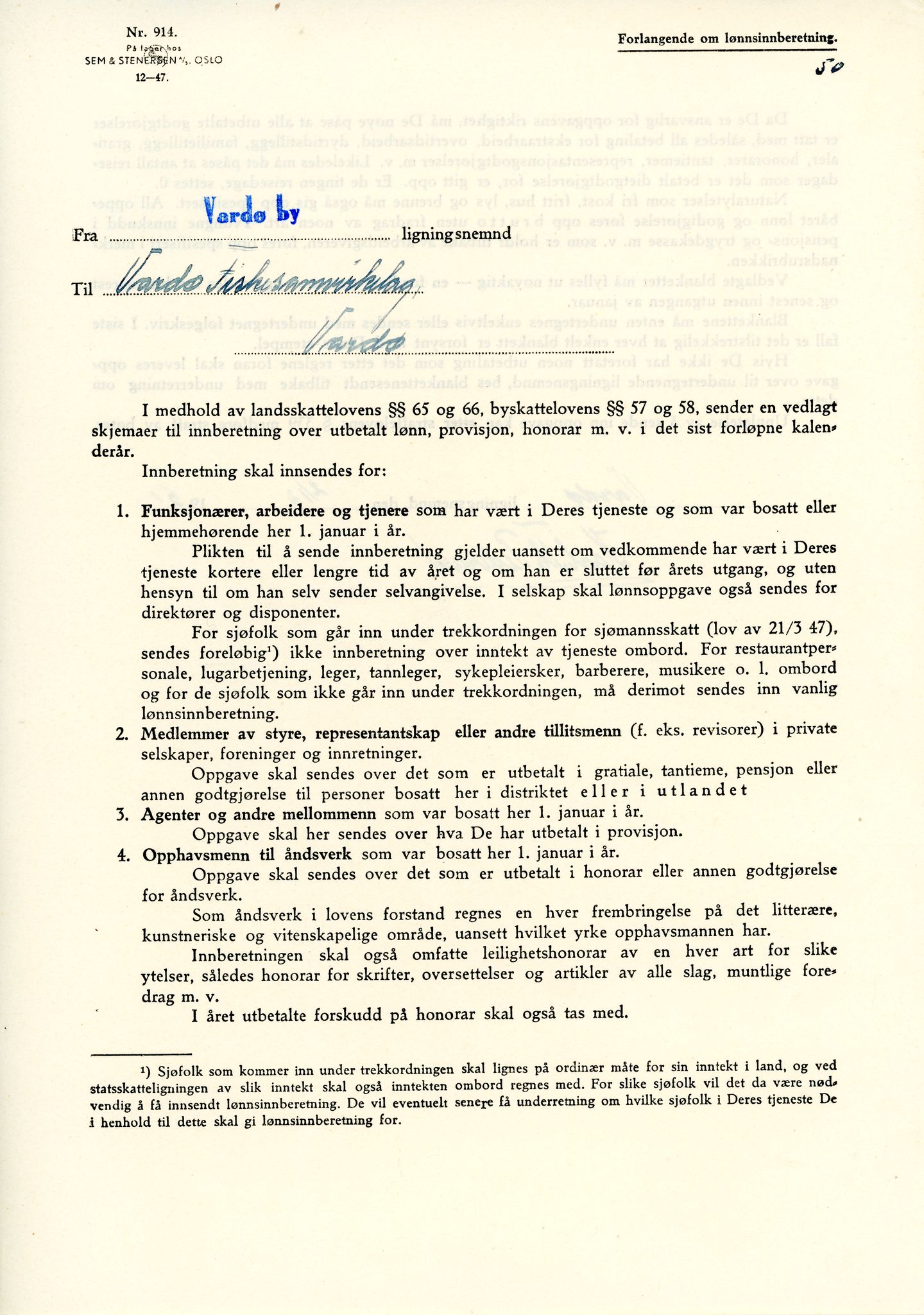 Vardø Fiskersamvirkelag, VAMU/A-0037/D/Da/L0008: Korrespondanse Tr-År, 1947-1950