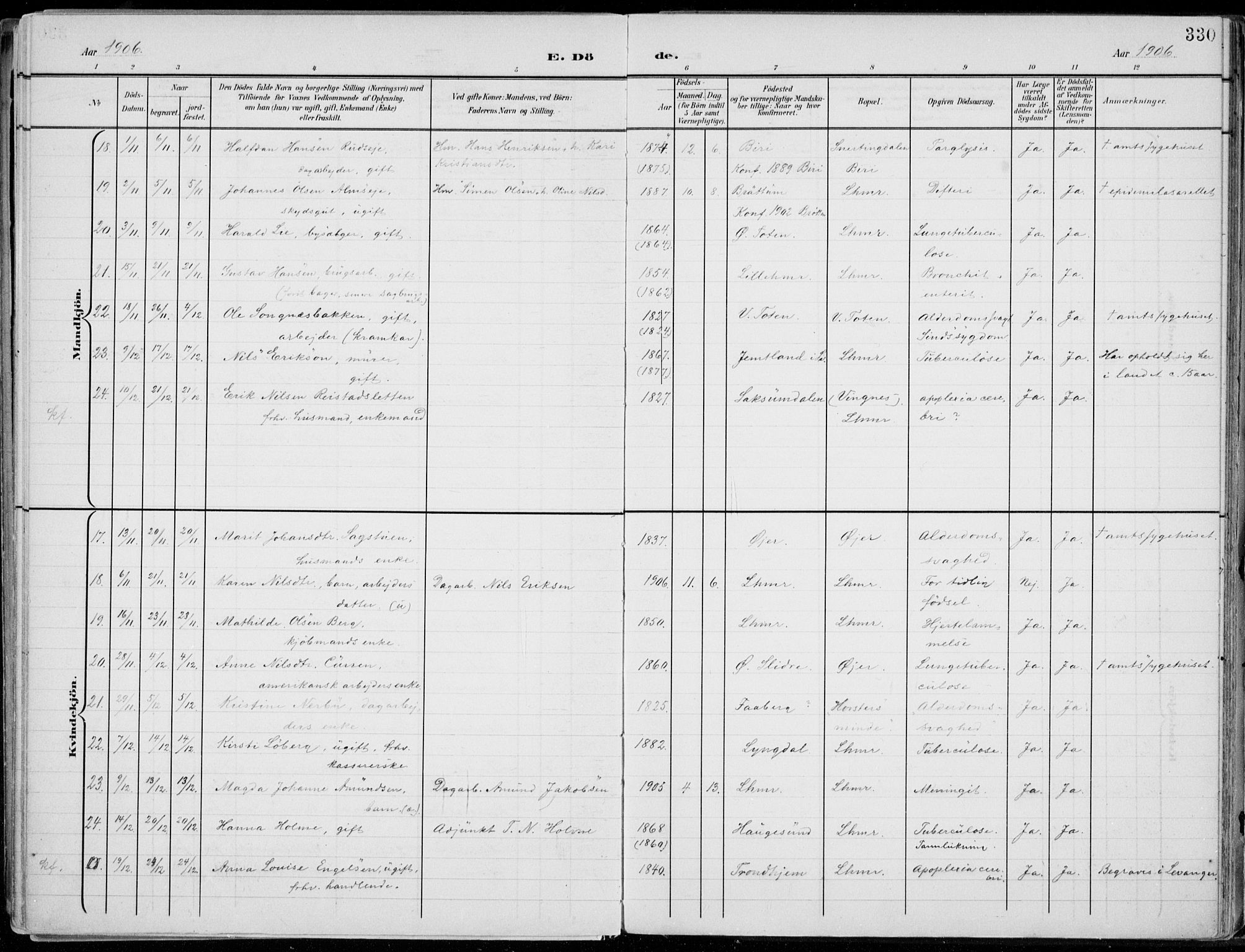 Lillehammer prestekontor, AV/SAH-PREST-088/H/Ha/Haa/L0001: Ministerialbok nr. 1, 1901-1916, s. 330