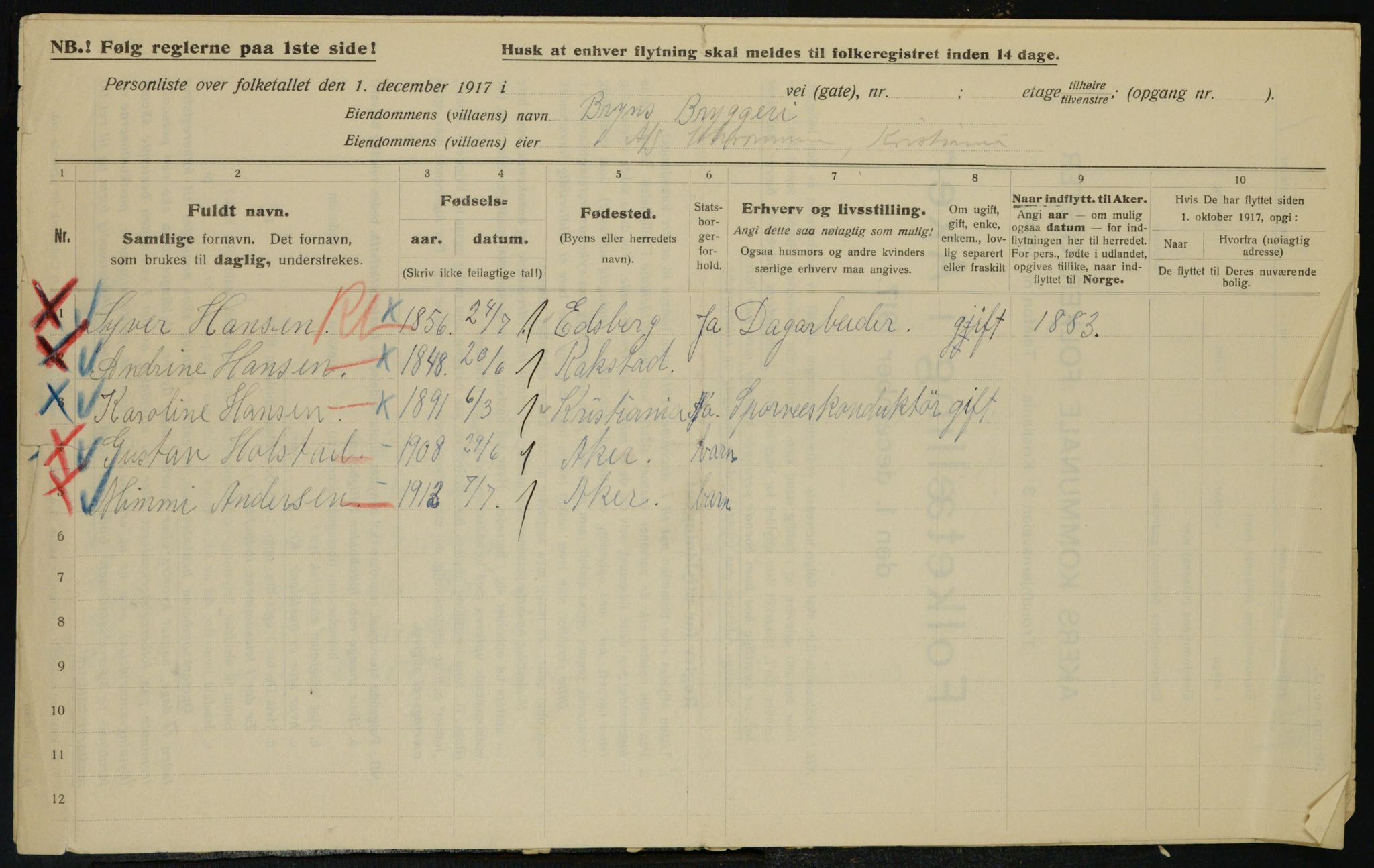 OBA, Kommunal folketelling 1.12.1917 for Aker, 1917, s. 25676