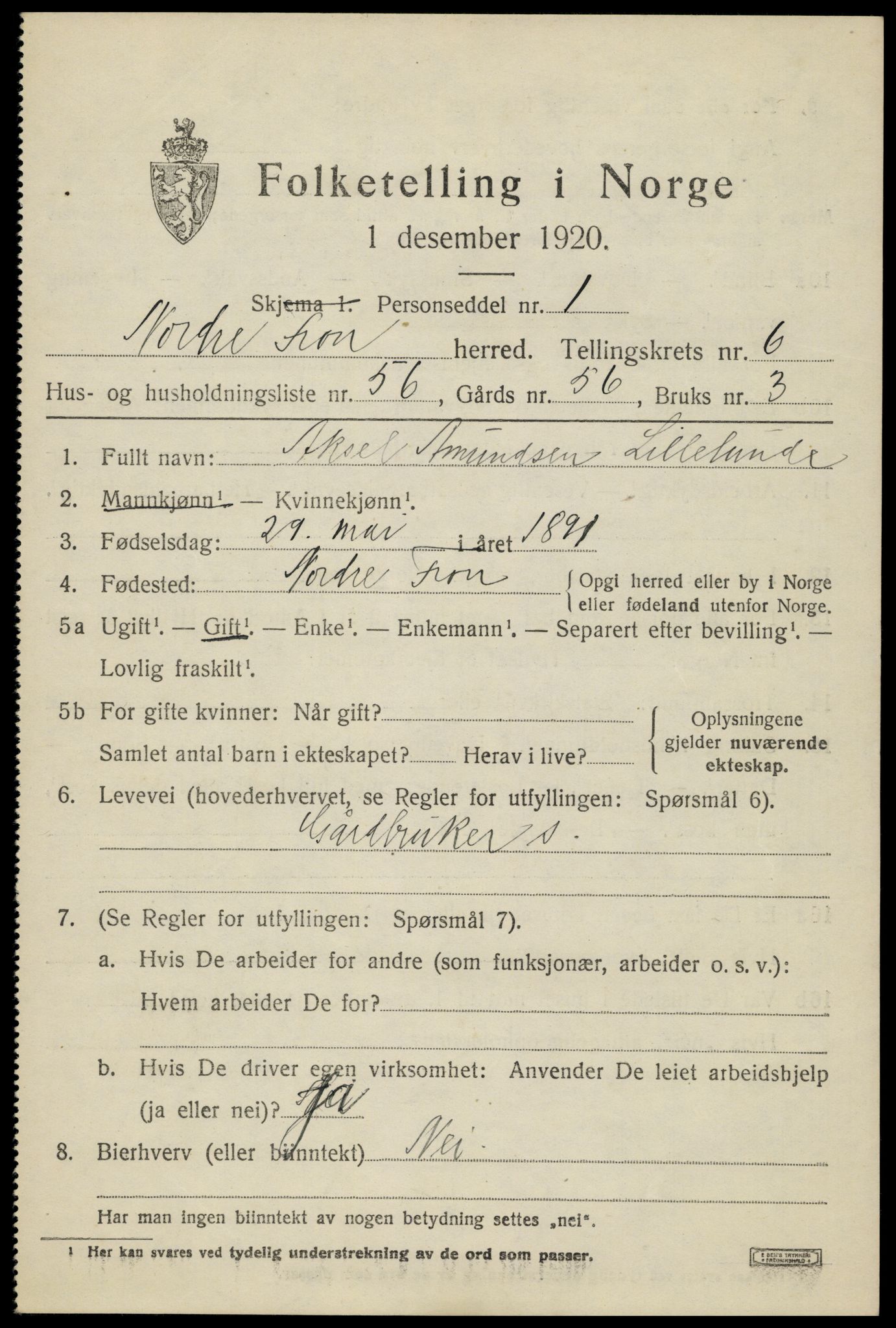 SAH, Folketelling 1920 for 0518 Nord-Fron herred, 1920, s. 5962