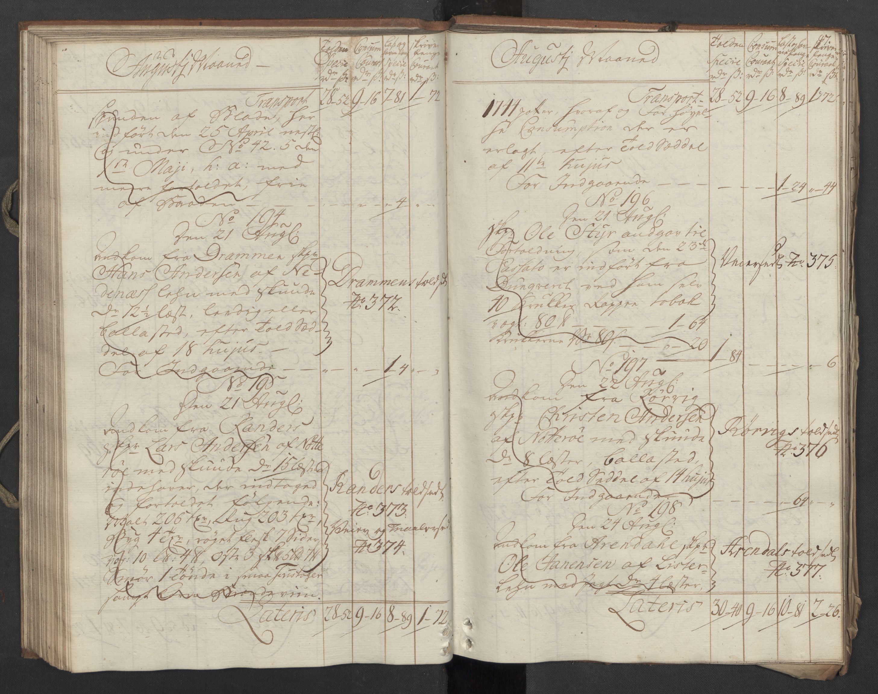 Generaltollkammeret, tollregnskaper, AV/RA-EA-5490/R09/L0037/0001: Tollregnskaper Holmestrand / Inngående hovedtollbok, 1764, s. 96b-97a