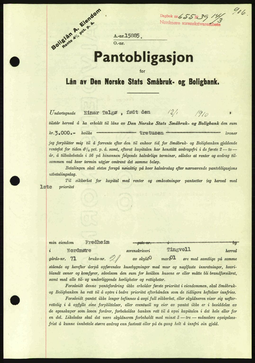 Nordmøre sorenskriveri, SAT/A-4132/1/2/2Ca: Pantebok nr. B84, 1938-1939, Dagboknr: 655/1939