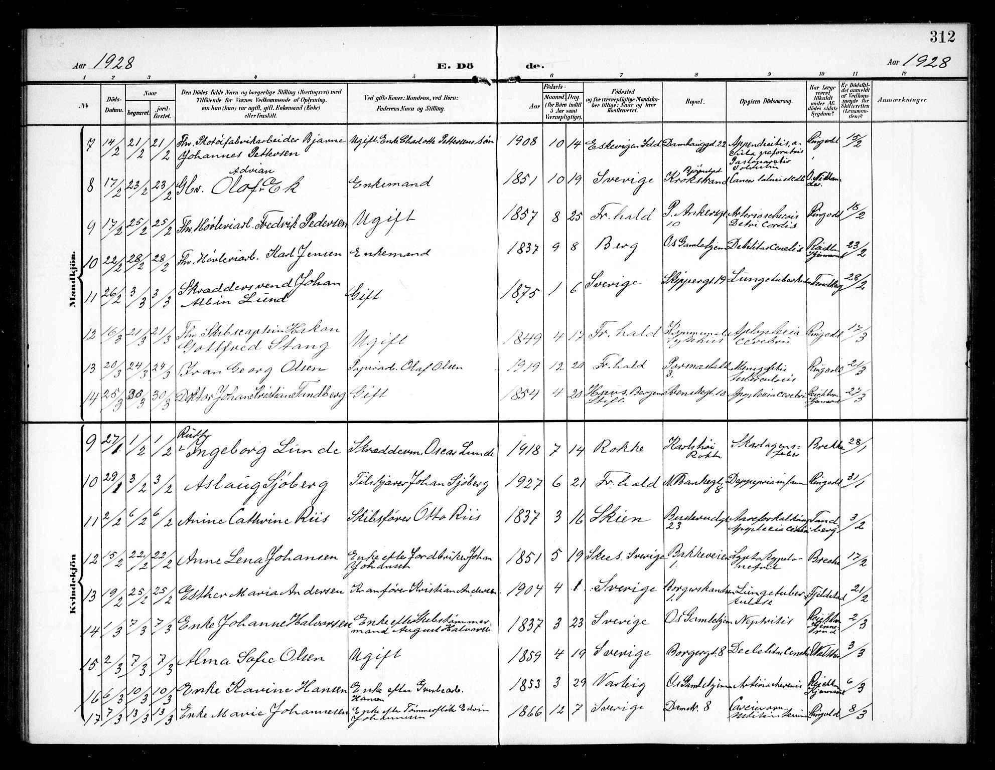 Halden prestekontor Kirkebøker, AV/SAO-A-10909/G/Ga/L0011: Klokkerbok nr. 11, 1906-1934, s. 312