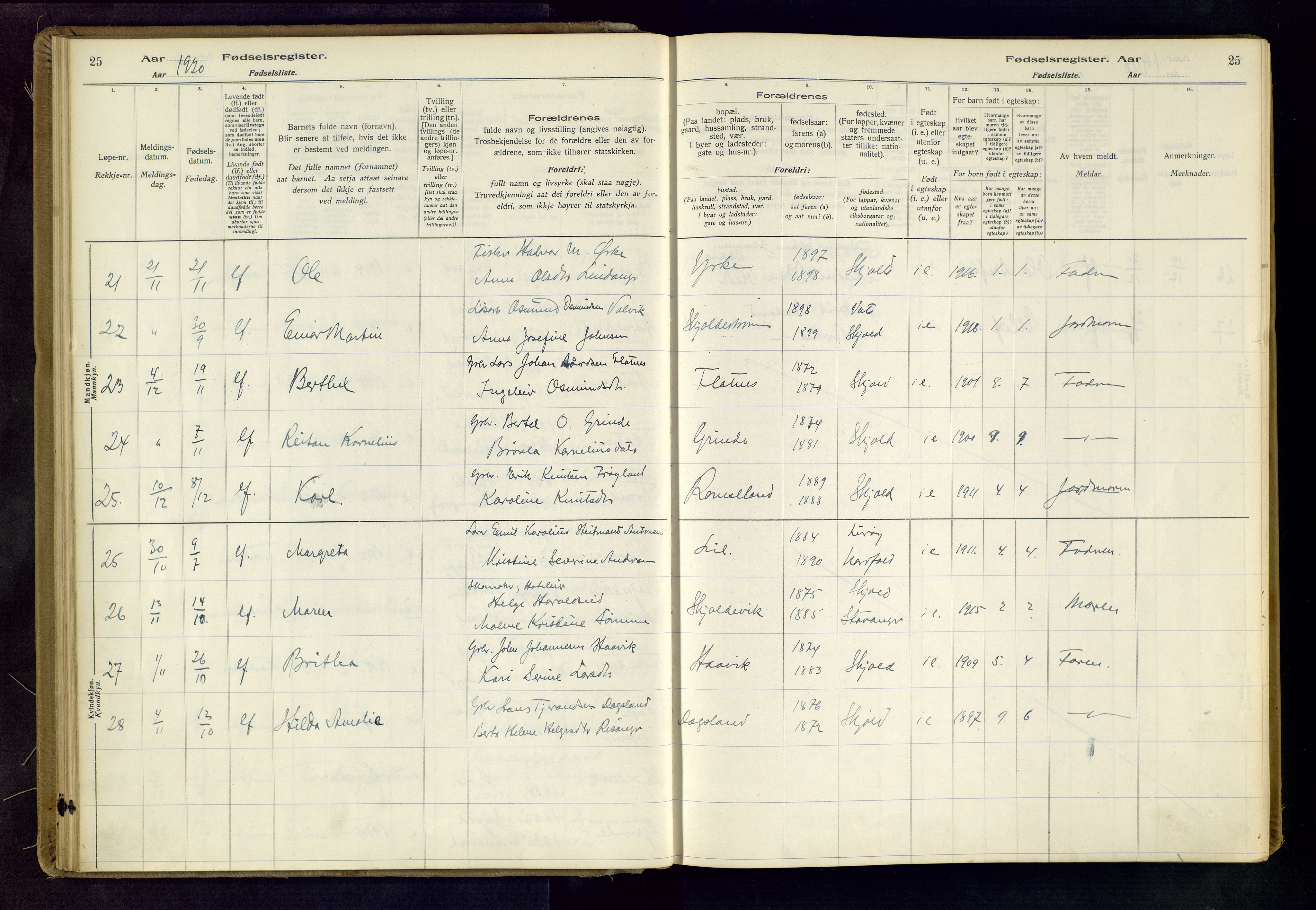 Skjold sokneprestkontor, AV/SAST-A-101847/I/Id/L0001: Fødselsregister nr. 1, 1917-1951, s. 25