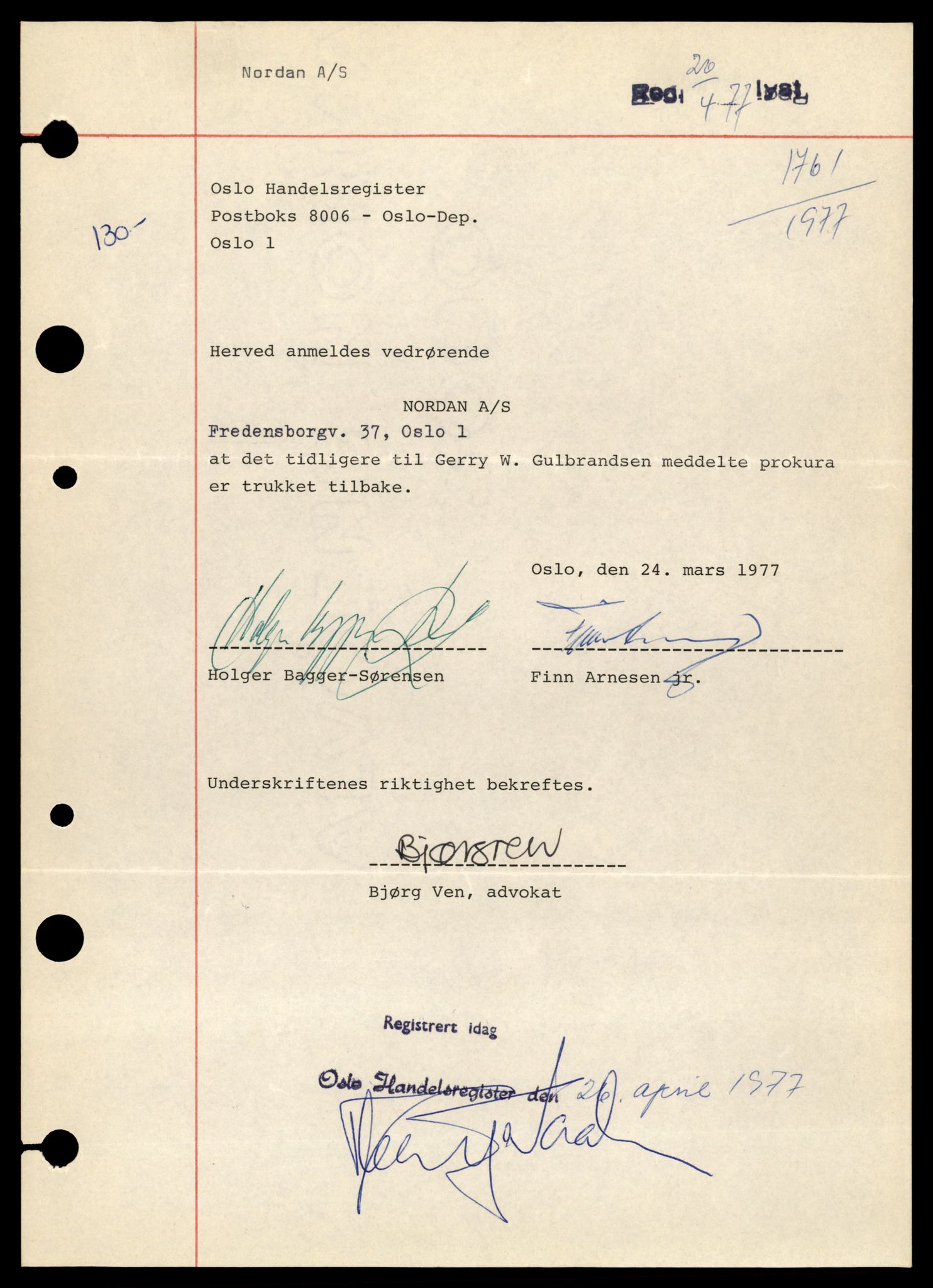 Oslo byfogd, Handelsregisteret, AV/SAT-A-10867/G/Gb/Gbb/L0024: Registreringsmeldinger, Nor-Sc, 1977, s. 11