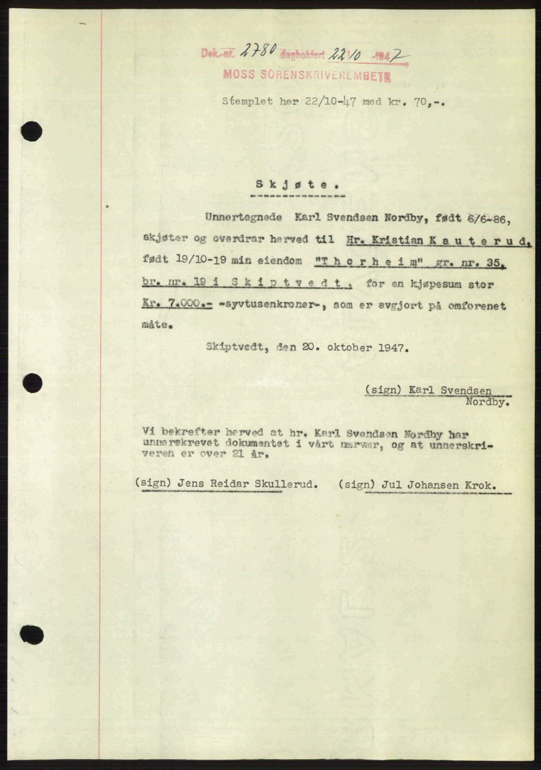 Moss sorenskriveri, SAO/A-10168: Pantebok nr. A2, 1947-1950, Dagboknr: 2780/1947